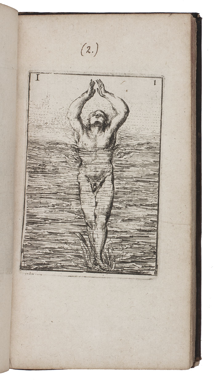 THEVENOT, Melchisedech. - L'art de nager, demontr par figures, avec des avis pour se baigner utilement. Paris, Thomas Moette, 1696. 12mo. With 35 engraved plates of people swimming by Charles Moette. Contemporary calf.