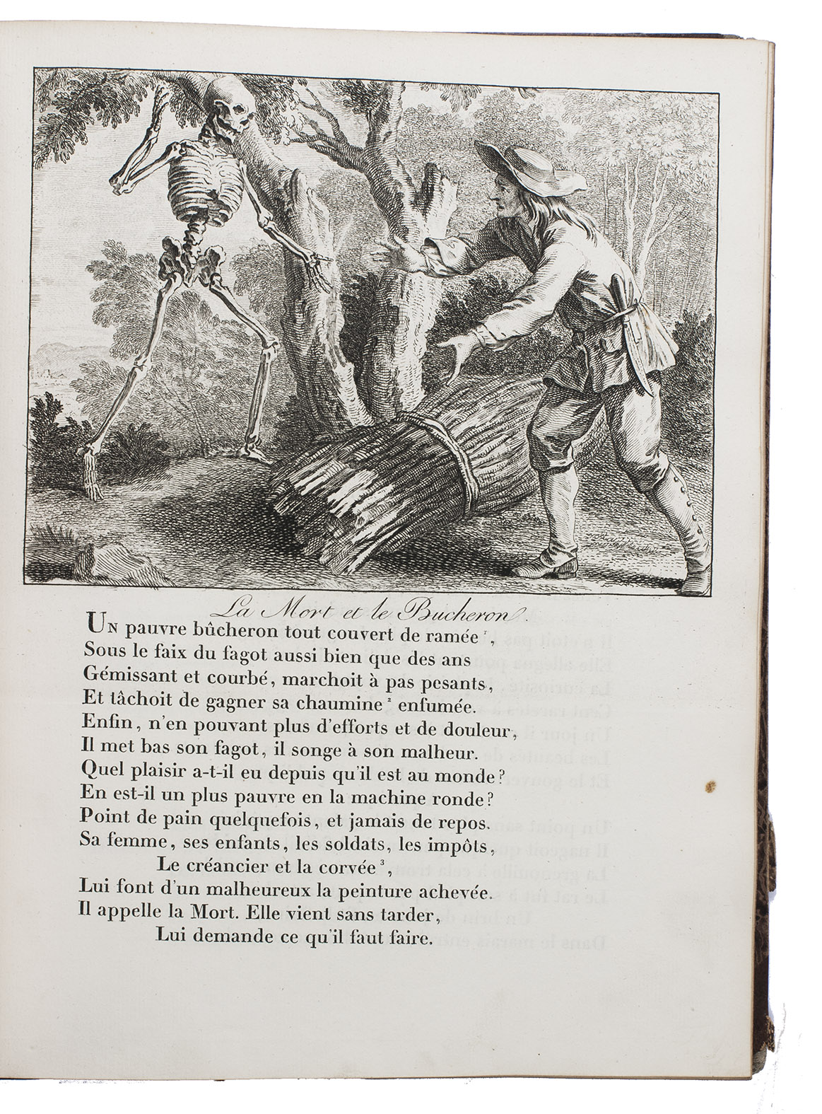 [LA FONTAINE, Jean de]. - La Fontaine en estampes, ou nouvelle dition des fables, plus complte que les prcdentes; prcde de la vie de l'auteur, extraite du nouvel ouvrage de M. Walckenaer.Paris, Auguste Nepveu, 1821. 4to. With an engraving on the title-page (Aesop talking with the animals before a bust of La Fontaine) and 110 half-page engravings illustrating the fables. Contemporary half brown sheepskin.