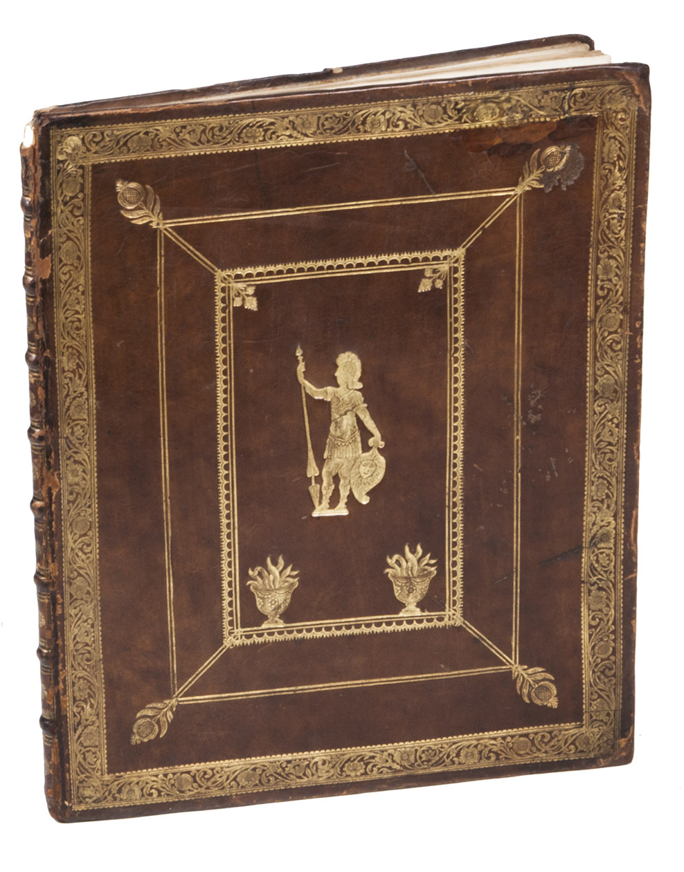 STRAAT, Pieter. - D'Oranjeboom verheerlykt [above:] Geslachtboom van de huizen van Oranje en van Nassau, ...(Colophon: Amsterdam, Hendrik de Leth), [1747]. 4to. With an engraved armorial title-page by Hendrik de Leth, with the subtitle in a banderol at the head, a crowned tree representing the family tree of the houses of Orange and Nassau (with 27 family coats of arms), a wreath with an orange tree, the 7 arms of the Dutch provinces and military attributes, the whole beautifully hand-coloured as published. Contemporary gold-tooled calf, by the Van Damme bindery in Amsterdam, a rosette and fillets in each of the spine compartments, gold-tooled board edges, gilt edges, marbled endpapers.