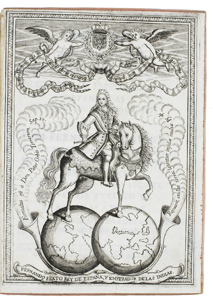 ARAYA, Fernando de. - Conclusiones mathematicas, practicas, y especulativas defendidas en el principio del segundo ao ...  Manila, Nicolas de la Cruz Bagay, 1758. 4to. With engraved frontispiece equestrian portrait of Ferdinand VI, King of Spain and Emperor of the Indies. Contemporary salmon-coloured silk over flexible boards, preserved in modern portfolio.