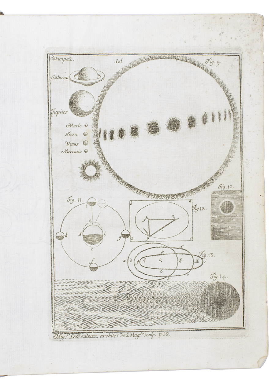 AHLERS, Francisco Henrique. - Instruco sobre os corpos celestes, principalmente sobre os cometas.Lisbon, Miguel Manescal da Costa, 1758. 4to. With 3 folding engraved plates by M. le Bouteux, etched headpiece and initial. Contemporary calf.