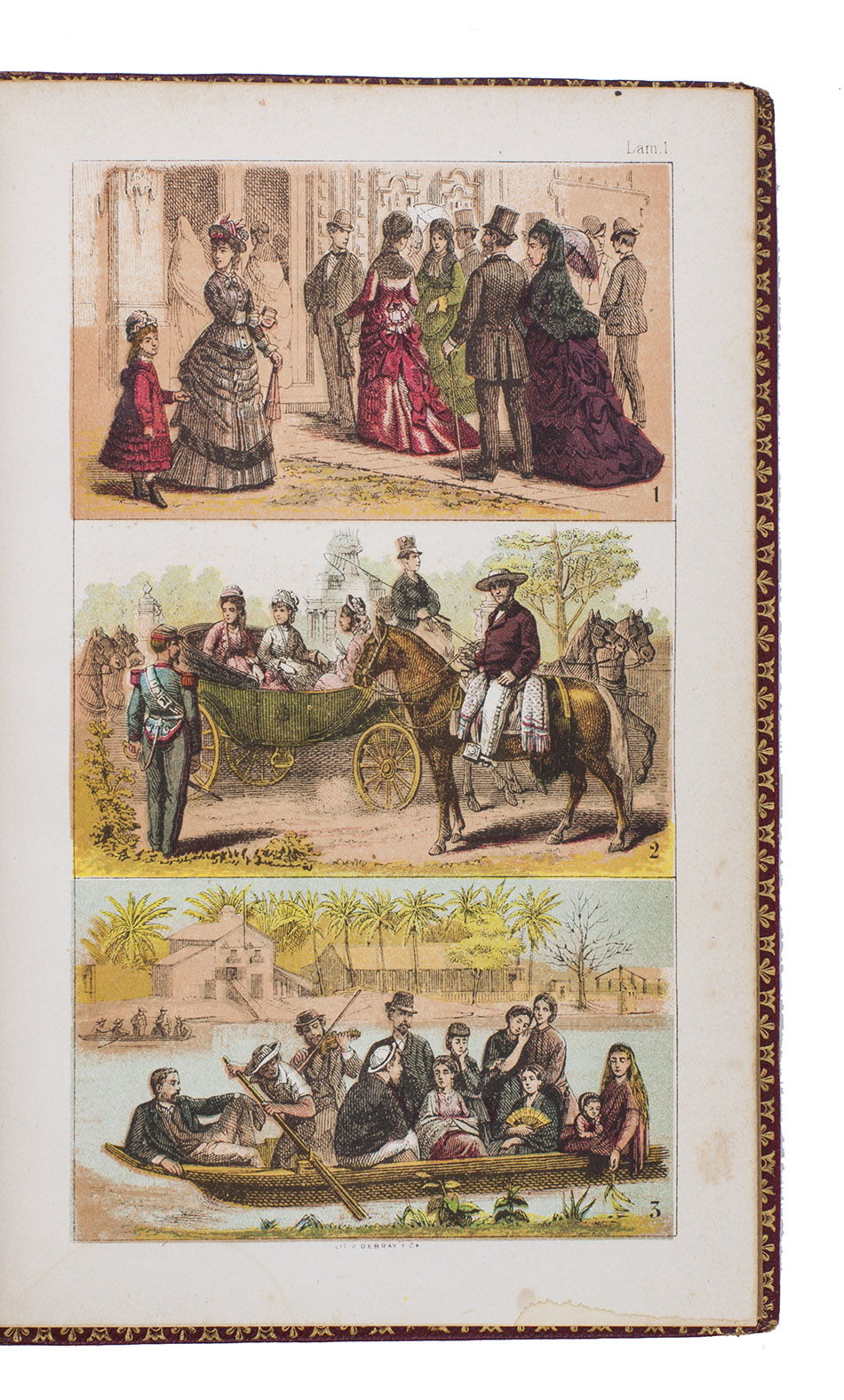 GARCIA CUBAS, Antonio. - The Rpublic of Mexico in 1876. A political and ethnographical division of the population, character, habits, costumes and vocations of its inhabitants. Mexico City, La Enseanza, 1876. 8vo. With 8 chromolithographed plates, finished by hand, double-page map, and 4 leaves with printed music on both sides. 19th-century red morocco, gold-tooled spine, blind-tooled boards, gold-tooled turin-ins, gilt edges.