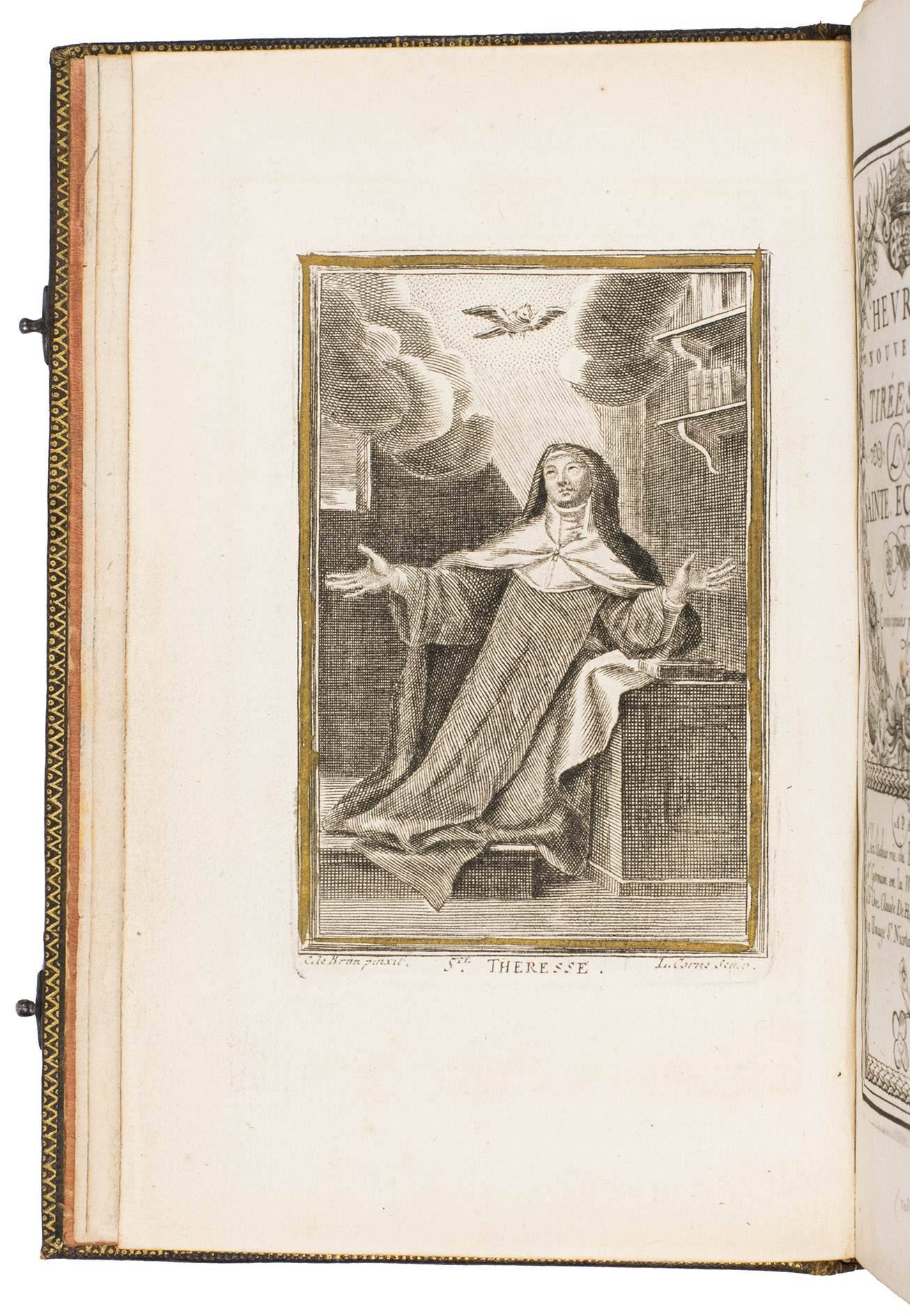 SENAULT, Louis (calligrapher & engraver). - Heures nouvelles tires de la Sainte Ecriture. crites et graves par L. Senault.Paris, l'autheur and Claude De Hansy, [1690 or soon after]. 8vo. With an engraved frontispiece, a richly engraved title-page with the title in a wreath of flowers with 2 dolphins and the crowned coat-of-arms of the Dauphine, and 260 engraved calligraphic text-pages, richly decorated and illustrated, including 8 engraved divisional titles, this copy with the frontispiece, the 4 illustration plates and 2 otherwise blank pages with gilt borders. 18th-century richly gold-tooled (browned) olive-green goatskin morocco, each board with a wide border, spine with the title in roman capitals in the 2nd of 6 compartments and a flower built up from several stamps plus several decorations in each of the other compartments, rolls on the raised bands and at the head and foot, gold-tooled turn-ins and board edges, 2 silver clasps with a stamped mark, red silk paste-downs, gilt edges, red silk ribbon marker.
