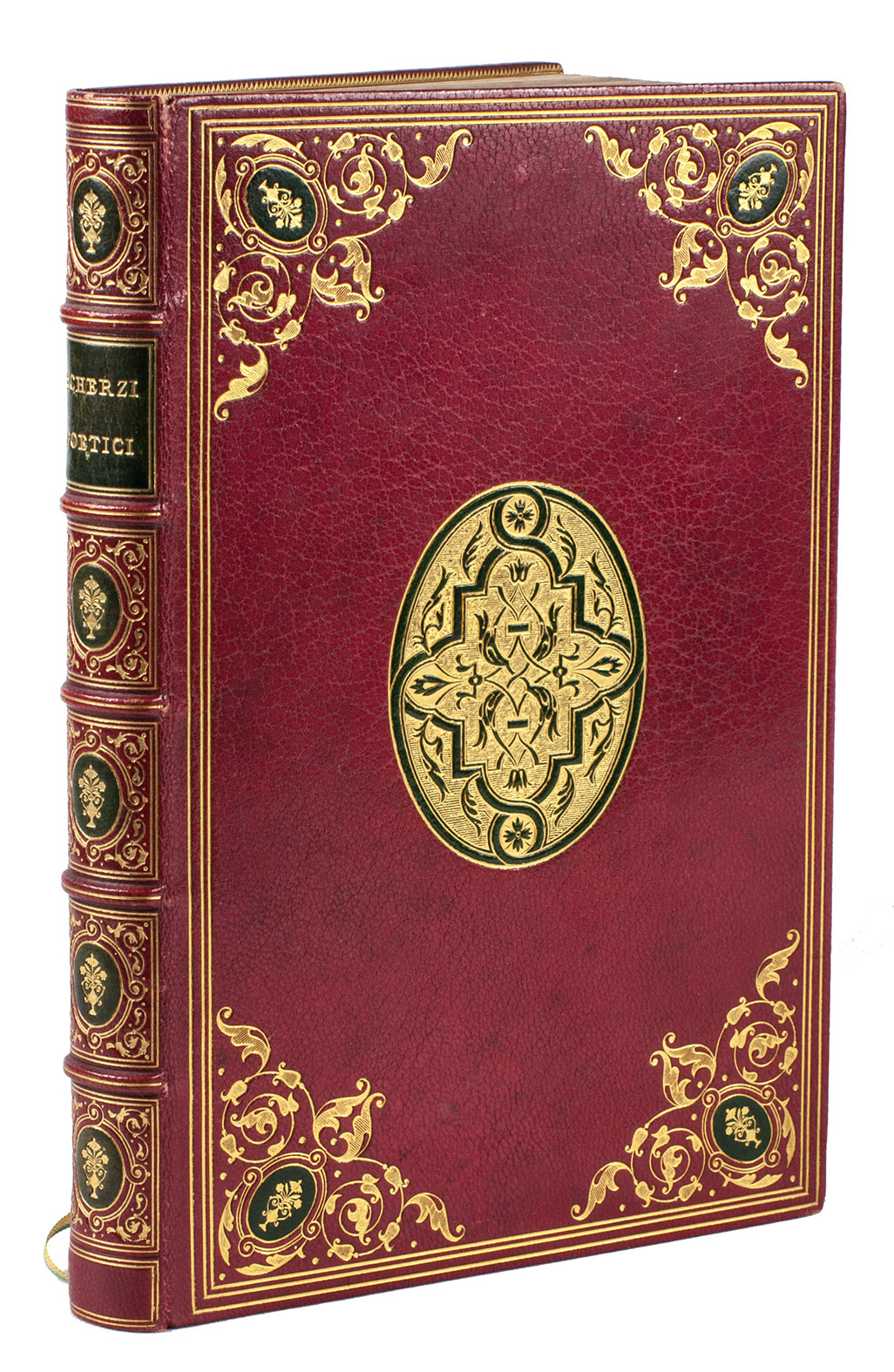 [ROSSI, Giovanni Gherardo de]. - Scherzi poetici e pittorici. (Colophon: Parma, Giambattista Bodoni, 1795). 8vo (22 x 14 cm). With engraved title-page and 40 engraved plates (plate size: ca. 7 x 11 cm). Richly gold-tooled red morocco by Rmy Petit (active 1855-1900), spine with 5 raised bands resulting in 6 compartments, one with black title-label and the other five gold-tooled with black oval inlays; the sides with gilt triple fillet borders, corner ornaments with same oval inlays and a central oval ornament (gold on green); further with gilt fillets on board edges and richly gold-tooled turn-ins with a floral motive, gilt edges.