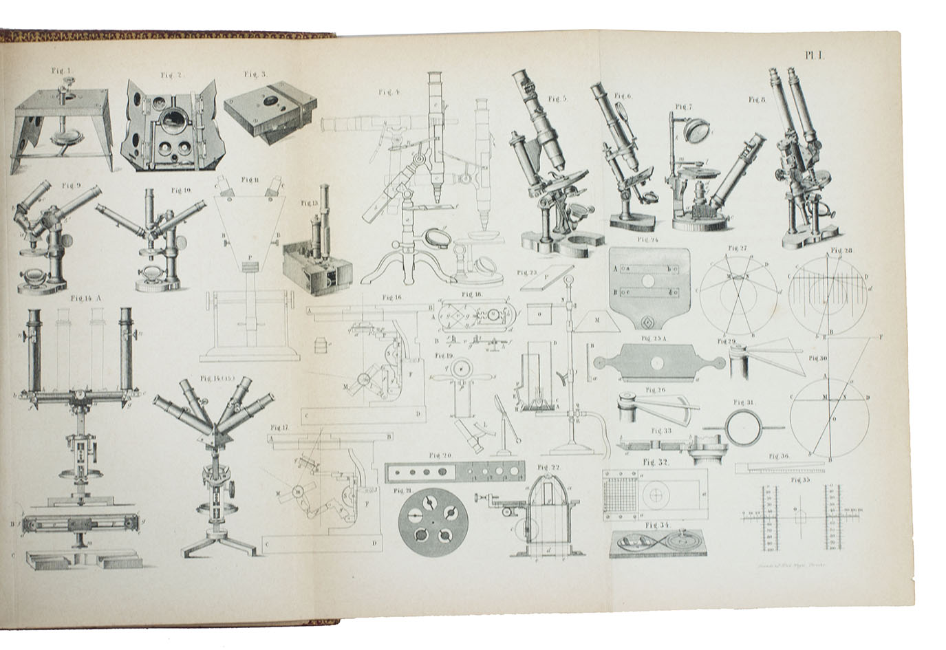 HARTING, Pieter. - Het mikroskoop, deszelfs gebruik, geschiedenis en tegenwoordige toestand. Een handboek voor natuur- en geneeskundigen.Utrecht, Van Paddenburg & Comp.; Tiel, Gebr. Campagne, 1848-1854. With: HARTING, Pieter. De nieuwste verbeteringen van het mikroskoop en zijn gebruik, sedert 1850.Tiel, H. C. A. Campagne, 1858.5 volumes bound as 4. 8vo. With 5 folding tables, and 24 folding lithographed, including one plate coloured by hand. Contemporary, gold-tooled red morocco presentation bindings from the Antwerp Botanical Society to its director, Jan Ignatius de Beucker (1827-1906), gold and blind fillets on the boards with the presentation inscription in gold on the front board: 