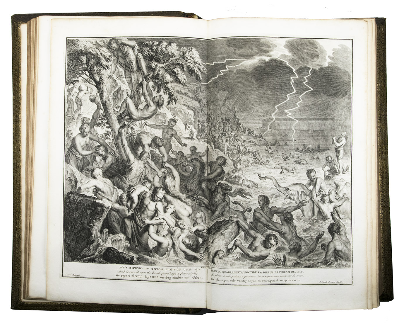 [BIBLE - DUTCH]. - Biblia, dat is, de gantsche heylige schrifture, vervattende alle de canonijcke boecken des Ouden en des Nieuwen Testaments.Leiden, widow and heirs of Johannes Elzevier, 1663. 3 volumes bound as 2, with the prints and maps bound in. Large folio (44.5 x 28 cm). The Elzevier Bible with an engraved allegorical frontispiece, 3 letterpress title-pages (the general title-page in red and black, the others for the New Testament and Apocrypha). Picart's wholly engraved print-Bible with an allegorical frontispiece, a half-title and 209 finely engraved Bible scenes (29 double-page) by Gerard Hoet, Bernard Picart, etc. Further with a series of 6 double-page engraved plates, namely 5 maps plus a plan of Jerusalem, all by Nicolaas I Visscher. Below the privilege from the city of Leiden, the city secretarys clerk Jacob vander Werve has authenticated the book by stamping the Leiden coat of arms and signing his name below it.  Richly gold-tooled black goatskin morocco (ca. 1725) over bevelled wooden boards, bound and decorated by the so-called STAG BINDERY, Rotterdam. From the collection of Hendrik Adriaan or Hendricus Hadrianus vander Marck (ca. 1667-1726).