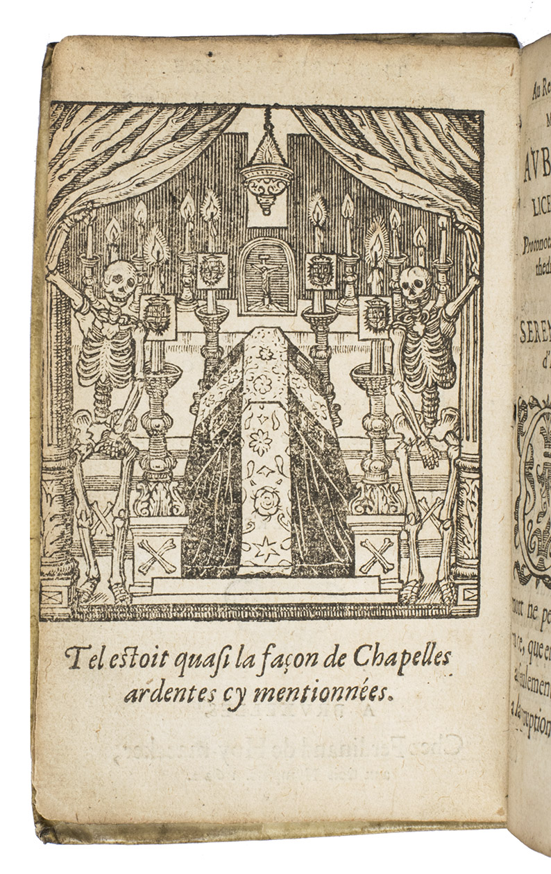 MEERBEECK, Adriaan de. - Theatre funebre ou sont representez les funerailles de plusieurs princes et la vie, trespas, & magnifiques obseques de Albert Le Pie de tres haulte memoire Archiduc d'Autrice, Duc de Bourgoigne, Brabant, &c. faicts a Bruxelles le 12. de Mars, 1622.Brussels, Ferdinand de Hoeymaker [printed by Henrick van Hastens in Louvain], 1622. 8vo. With a small woodcut decoration on the title-page and a full-page woodcut representing a chapelle ardente on the verso; a large folding woodcut plate with two horses, one dressed as a cheval de bataille and the other as used  la pompe funebre du ... Archiduc. Further with 3 woodcut decorated initials (2 series) and 2 woodcut factotums. Contemporary vellum, remnants of ties.