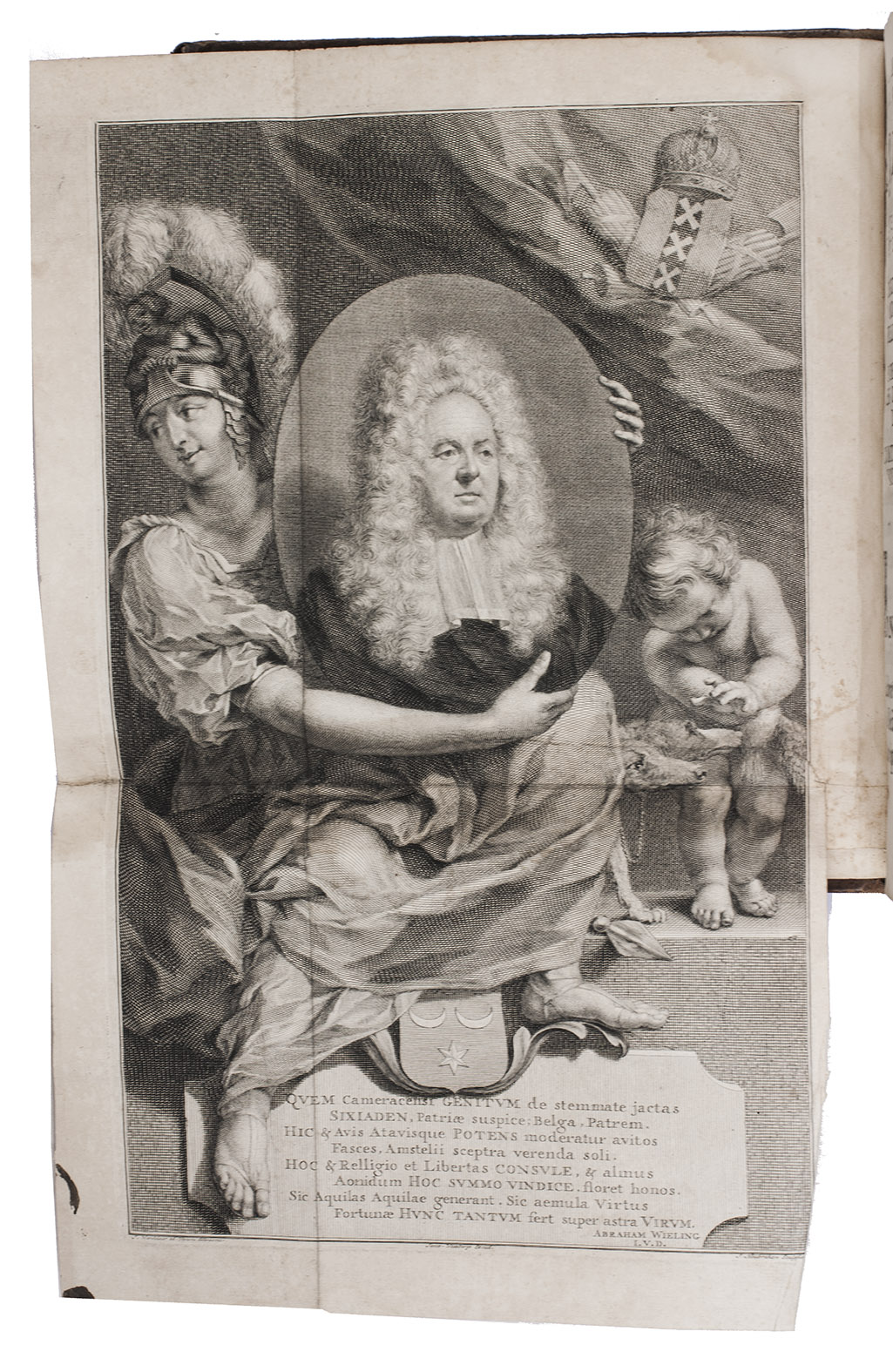 SAVARY, Jacques and Philemon Louis SAVARY. - Dictionnaire universel de commerce.Amsterdam, Janssonius van Waesbergen, 1726-1732. 4 volumes bound as 3. 4to. With a folding engraved portrait of the dedicatee, Jan Six de Vromade, by Houbraken, and 3 large allegorical engraved headpieces. Main text printed in two columns. Contemporary mottled calf, richly gold-tooled spines and board edges.