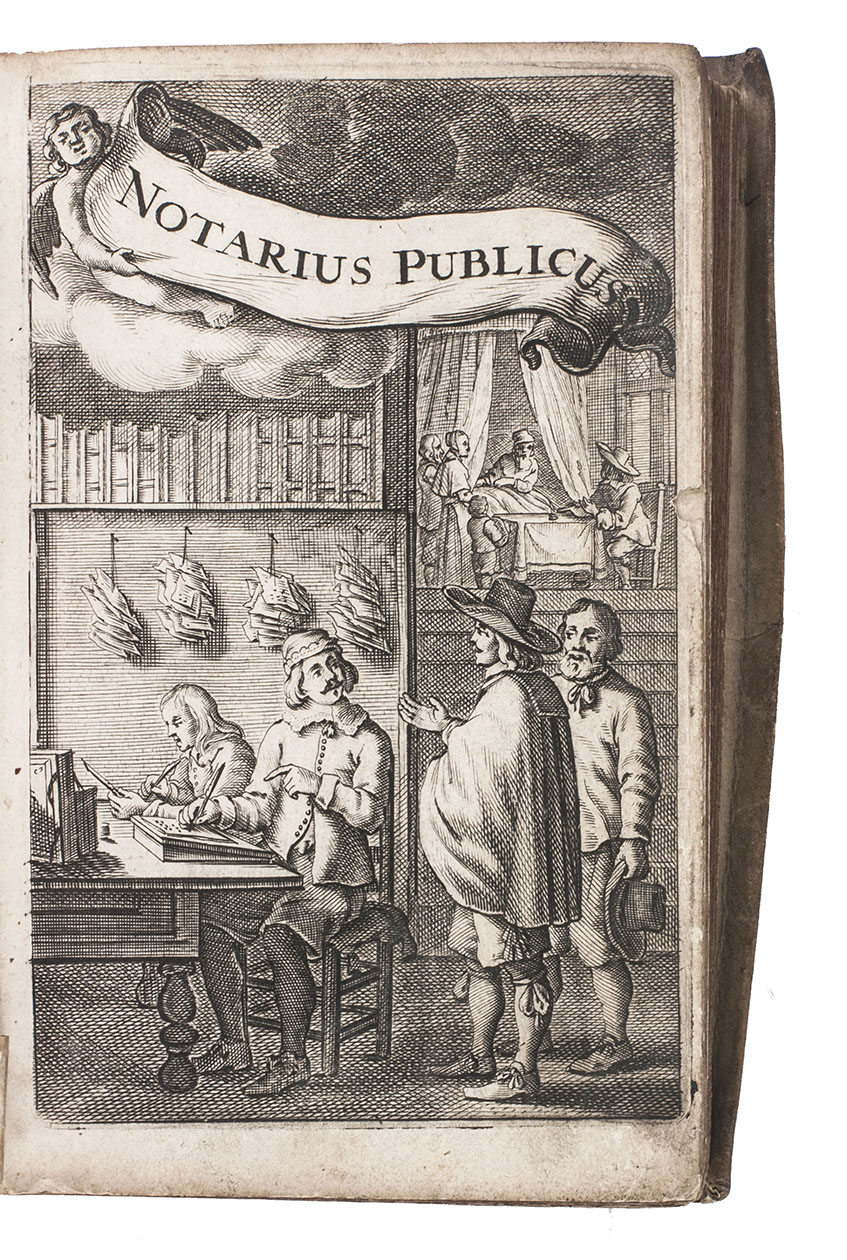 LEEUWEN, Simon van. - Notarius publicus, dat is: de practycke ende oeffeninge der notarissen. Including: Woorden-boeck, waer inne allerhande konst- ende bastaert-woorden, tot de pracktijcque des notarischaps en andere rechts-oeffeninge behoorende, uyt Hugo de Groot, Hooft, Huygens, Vondel, ende andere, soo oude als nieuwe tael-schriften, op 't nauwkeurighste werden vertaelt, ... Dordrecht, Abraham Andriesz (colophon: Dordrecht, printed by Nicolaes de Vries, 1658). Small 8vo (14.5 x 9.5 cm). With engraved frontispiece showing two gentlemen visiting a notary's office. Contemporary vellum.