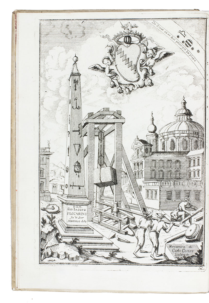 SCALETTA, Carlo Cesare. - Scuola mecanico-speculativo-pratica in cui si esamina la proporzione, che ha la potenza alla resistenza del corpo grave; per l'uso civile, e militare utile e necessaria ad ogni matematico, ingegnerio, architetto, machinista, e bombardiere, ... Edizione prima Veneta.Venice, Antonio Mora, 1745. Folio. With engraved frontispiece and 12 numbered engraved plates with hundreds of figures. Contemporary sheepskin parchment.