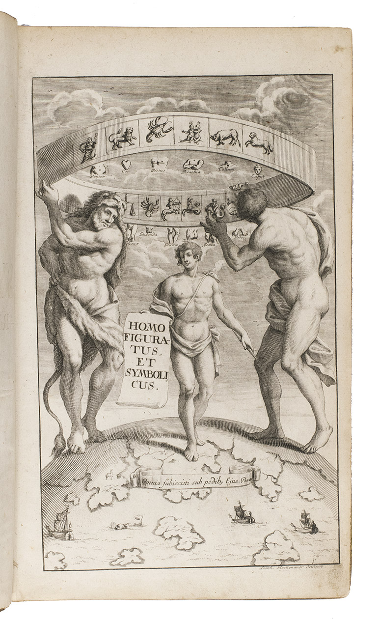 SCARLATINI, Ottavio. - Homo et eius partes figuratus & symbolicus, anatomicus, rationalis, moralis, mysticus, politicus, & legalis, collectus et explicatus cum figuris.Augsburg & Dillingen, Johann Caspar Bencard, 1695. 2 volumes bound as 1. Large folio (37 x 23 cm). With a finely engraved emblematic frontispiece by the Augsburg engraver Leonhard Heckenauer (1655-1704), 2 title-pages with the same large engraved brooding chicken emblem and 42 engraved emblems in decorative cartouches in the text (plate size mostly 14 x 13 cm, but that on p. 232 of vol. 1 3.5 x 8.5 cm) perhaps also by Heckenauer. Contemporary vellum.
