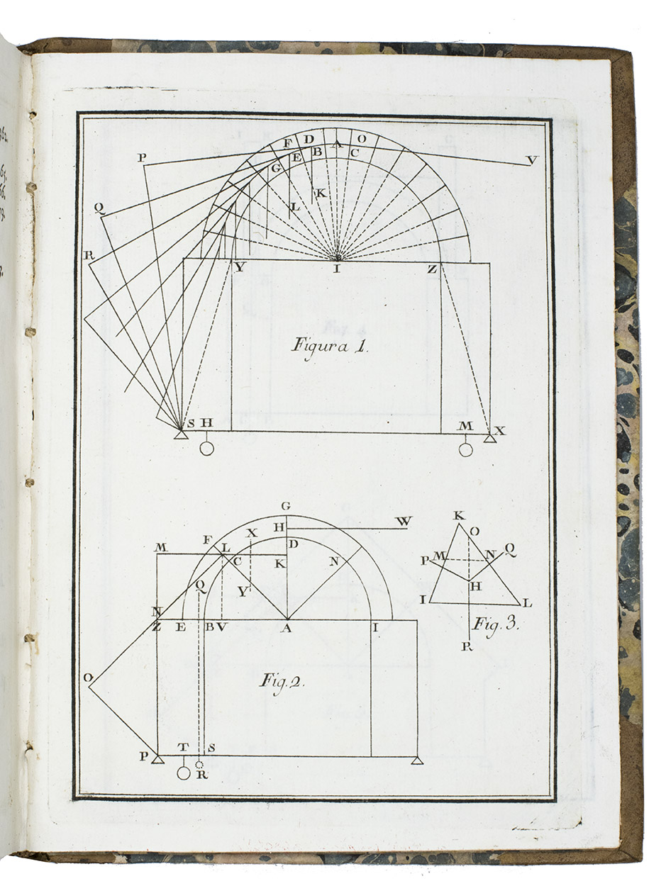 MILIZIA, Francesco. - Principi di architettura civile. Finale, Jacopo de' Rossi, 1781. 3 volumes. 4to. With tables of proportion in text and on a large folding leaf, and 18 architectural measured drawings and perspective and other views of domes, pinnacles, arches, curves and spires on 8 full-page engraved plates, all bound in the third volume.Contemporary half sprinkled calf, marbled sides, gold-tooled spines with black morroco spine labels, red sprinkled edges.With:(2) CIPRIANI, Giovanni Battista. Indice delle figure relative al Principi di architettura civile di Francesco Milizia. Rome, Nella stamperia Salomoni, si vende da Giov. Pietro, 1800. 8vo. With numerous illustrations on 27 double-page plates, illustrating Milizia's work, showing architectural measured drawings and perspective and other views of buildings and details of buildings, theatres, bridges, gardens, etc., models of ornament and decoration, technical building instruments, building materials, etc. (10 plates for vol. 1, 12 plates for vol. 2, 5 plates for vol. 3). Contemporary mottled calf, gold-tooled spine with red label, red edges.
