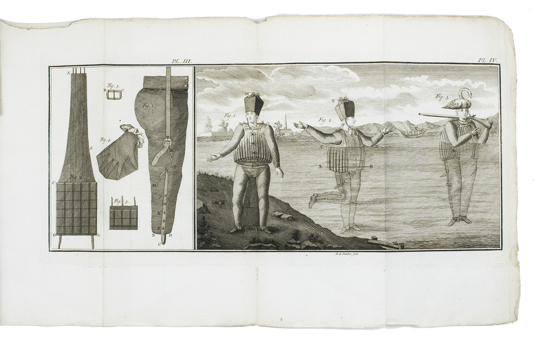 LA CHAPELLE, Jean Baptista de (Cornelis van ENGELEN, transl.). - De scaphander of de konst om in de diepste wateren dryvende te gaan en allerhande werk te verrigten.Amsterdam, G. Warners & Harlingen, Volkert van der Plaats, 1777. 8vo. With 4 engraved plates on 2 large folded sheets by B. de Bakker after the plates in the original French edition, charmingly illustrating the water-jacket and water-pants discussed in the text. Contemporary brown sprinkled paper wrappers.