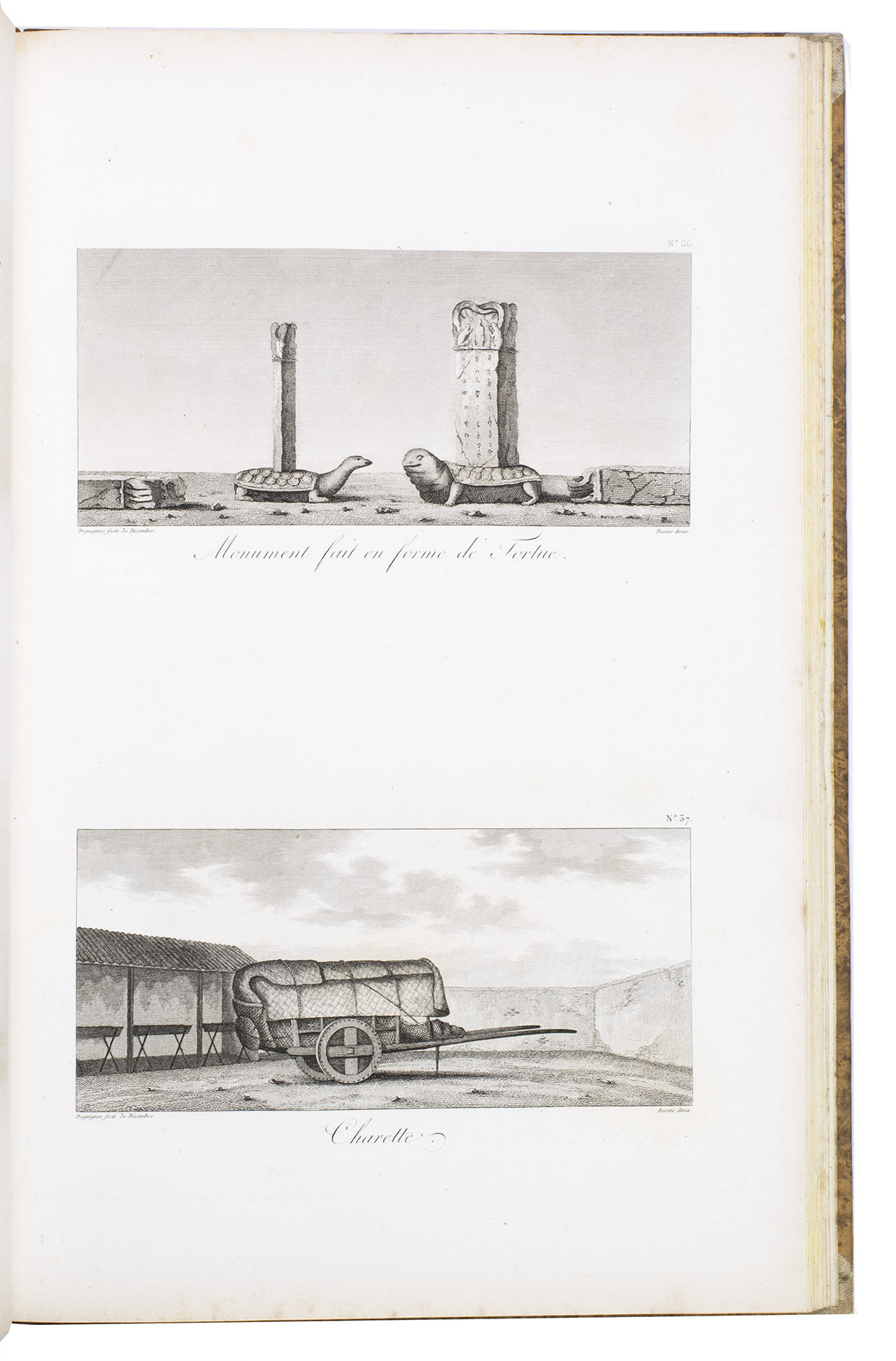 GUIGNES, Chrtien-Louis-Joseph de. - Voyages  Peking, Manille et l'Ile de France, faits dans l'intervalle des annes 1784 a 1801.Paris, l'Imprimerie Impriale (J.J. Marcel) for Treuttel and Wrtz, 1808. 3 text volumes and 1 atlas volume. 8vo (text) and folio (atlas). The atlas with 92 engraved illustrations on 61 leaves by De Guines after Deserve and 6 engraved maps (4 folding) by D'Houdan. Text volumes in 19th-century half calf, atlas volume in contemporary half calf.