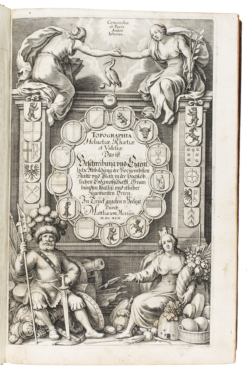 MERIAN, Matthus. - Topographia Helvetiae Rhaetiae et Valesiae. Das ist, Beschreibung und eigentliche Abbildung der vornembsten Sttte und Pltz, in der hochlblichen Eydgnoschafft, Grawbndten, Walli, und etlicher zugewanten Orten. [Frankfurt am Main], Matthus Merian, 1642. Folio. With richly engraved title-page, 74 (of 76) engraved maps, plans and views on 54 (of 56) plates normally included the 1642 first edition (nearly all double-page) plus 1 large folding plate from the 1653 Anhang, and 67 additional engravings from the 17th and 18th century, including at least 16 by or after Merian. Altogether there are 3 general maps (1 of Germany and surroundings and 2 of Switzerland), 4 detail maps, and numerous city plans and views. Lacking the bird's eye view of Herisau and the second of two views of Neuchtel. Tanned sheepskin (ca. 1700?), gold-tooled spine.