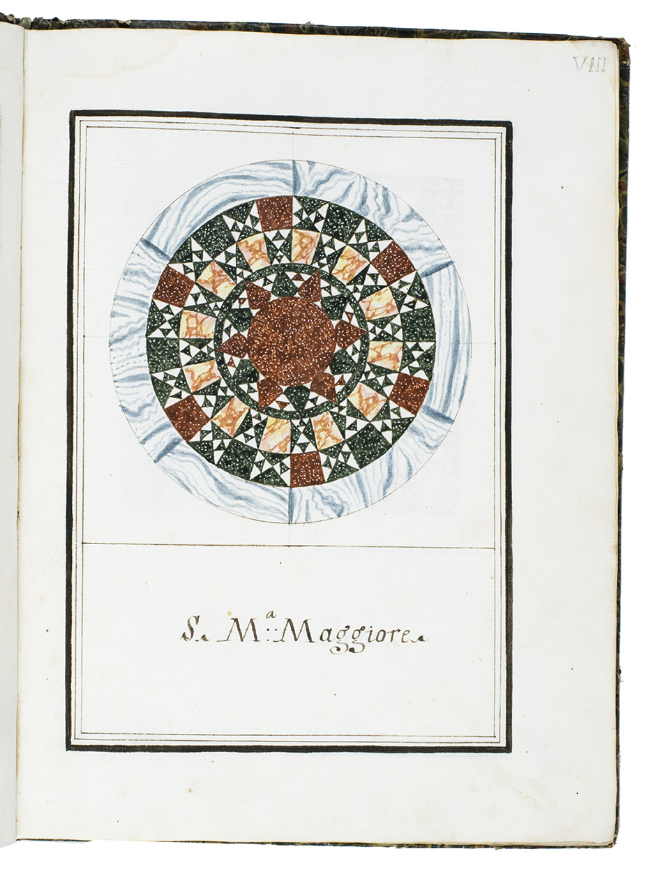 [MOSAIC FLOORS]. - [Mosaic marble tile floors from five churches, most or all in Rome]. [Rome?, ca. 1662 or 18th century]. Small folio (26 x 19.5 cm). 40 ink and watercolour drawings (28 round and 12 square, each ca. 11 x 11 cm) showing the decorative patterns and coloured marbles from the floors of 5 churches. Each has a triple-rule border in black ink with a panel at the foot containing the name of the church. Contemporary(?) boards covered with later (ca. 1840?) Storemont on shell marbled paper.