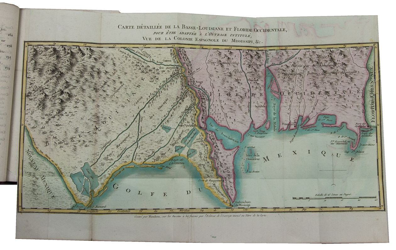 BERQUIN-DUVALLON, Pierre-Louis. - Vue de la colonie Espagnole du Mississipi, ou des provinces de Louisiane et Floride Occidentale, en l'anne 1802...Paris, Imprimerie expditive, 1803. 8vo. With 2 folding engraved maps of the Louisiana territory by Alexandre Blondeau after Berquin-Duvallon, both coloured by hand. Modern red half morocco, richly gold-tooled spine.