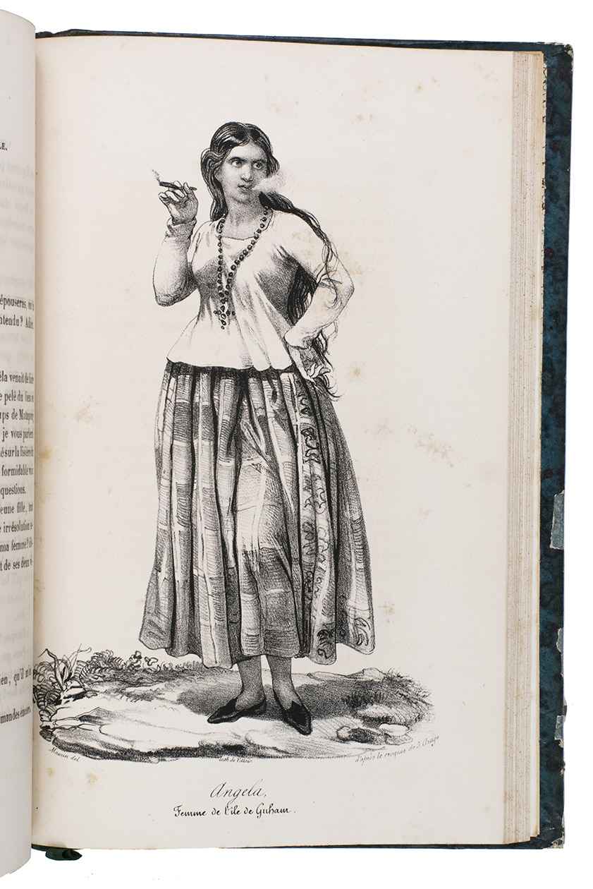ARAGO, Jacques Etienne Victor. - Souvenirs d'un aveugle, voyage autour du monde. Ouvrage enrichi de soixante dessins et de notes scientifiques.Paris, Hortet and Ozanne, 1839. 4 volumes. 8vo. With 2 engraved portraits, of Jacques and Franois Arago, and 60 full-page lithographed plates, all after drawings by the author. Contemporary green half sheepskin, gold-tooled spines.