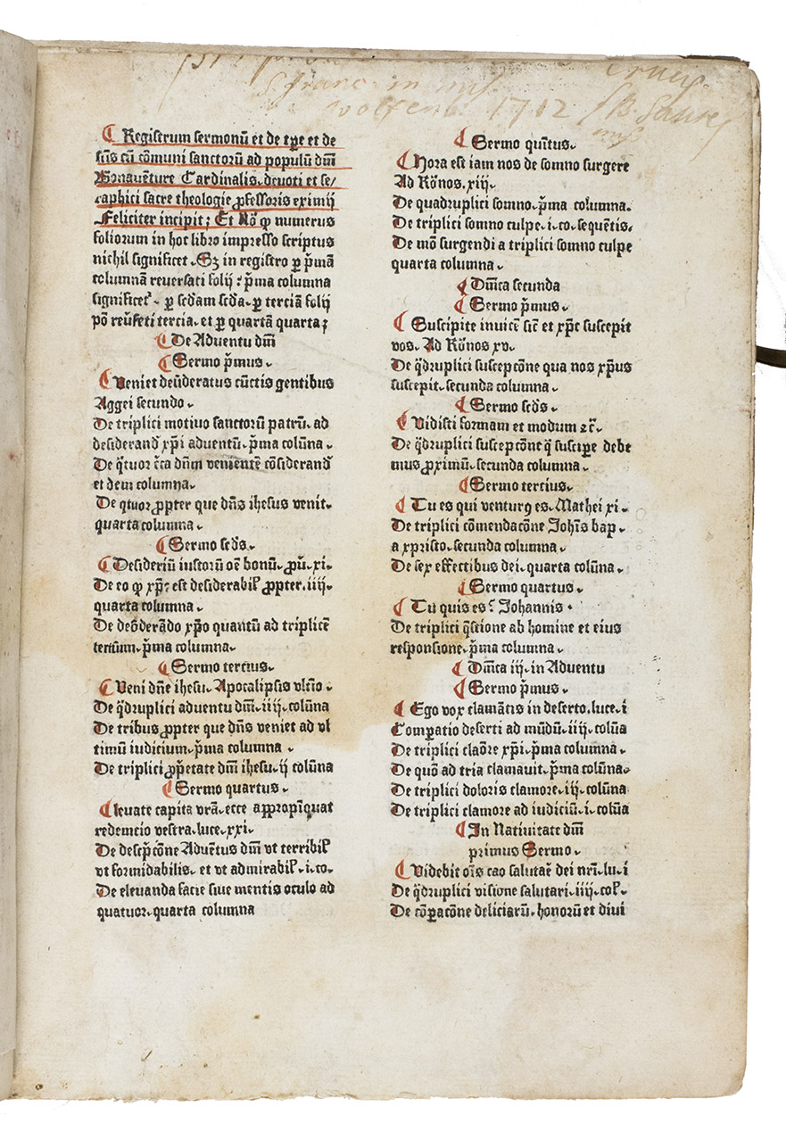 [SERVASANCTUS DE FAENZA and others] (spuriously attributed to Saint BONAVENTURA). - [Sermones de tempore et de sanctis]. (Colophon: Zwolle, [Johannes de Vollenhoe], 1479). Small (Chancery) folio (27.5 x 20.5 cm). With one 5-line and hundreds of 2- and 3-line spaces left for initials, filled in with manuscript 