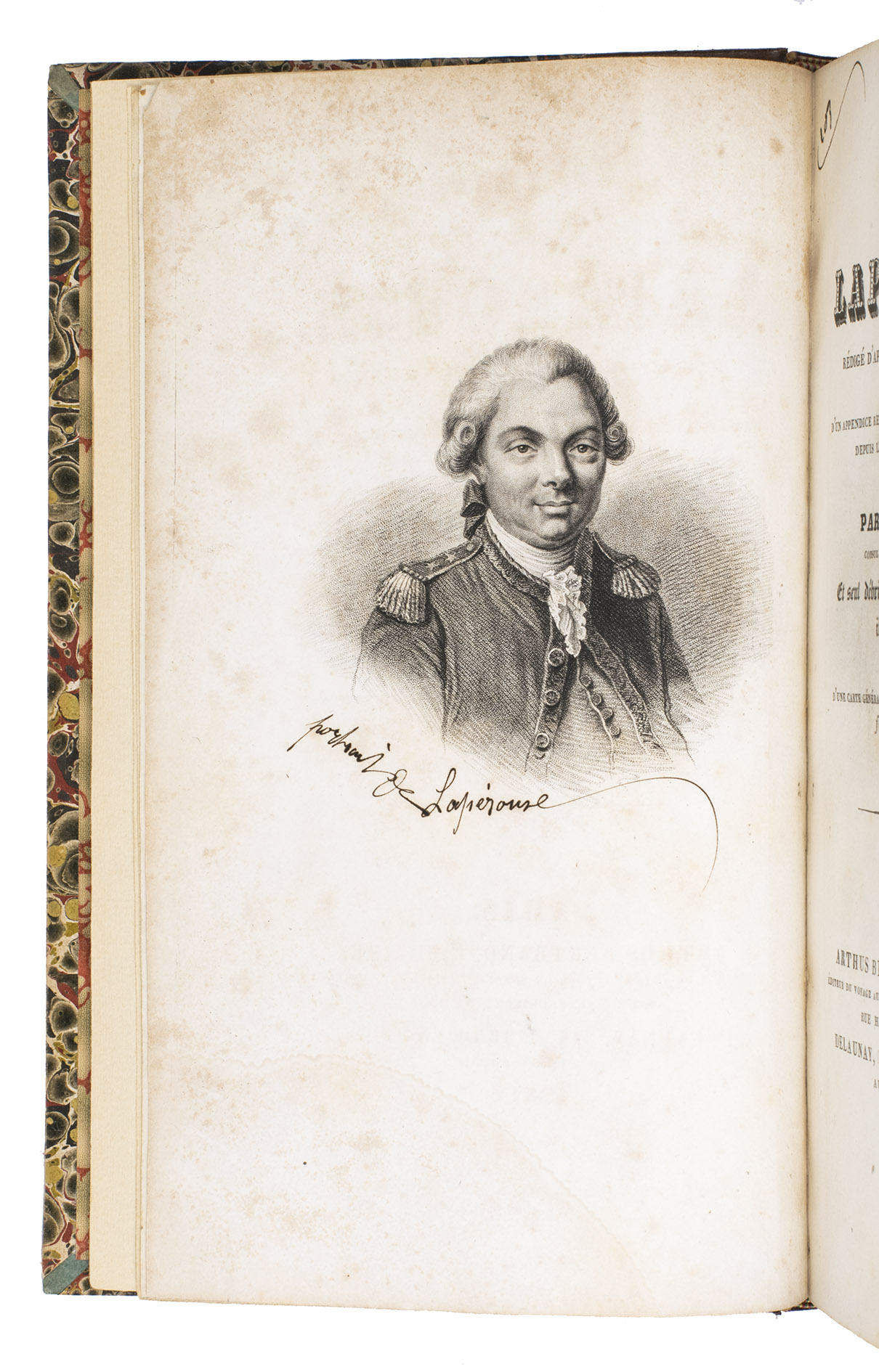 LESSEPS, Jean-Baptiste-Barthelemy, Baron de. - Voyage de Laprouse, rdig d'aprs ses manuscrits originaux, suivi d'un appendice renfermant tout ce que l'on a dcouvert depuis le naufrage jusqu'a nos jours, et enrichi de notes par M. de Lesseps, consul gnral de France  Lisbonne, et seul dbris vivant de l'expdition dont il tait interprte; accompagn d'une carte gnrale du voyage, orn du portrait et d'un fac-simile de Laprouse.Paris, Arthus Bertrand and Delaunay (colophon: printed by Casmir), 1831. 8vo. With an engraved frontispiece with a portrait of Laprouse, a facsimile of one of his letters, and a large engraved folding map. Modern half calf.