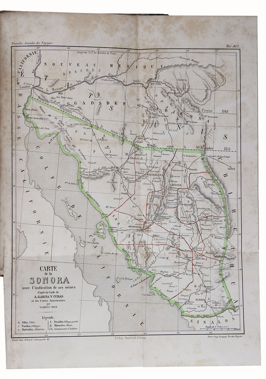 COMBIER, Cyprien. - Voyage au golfe de Californie.Paris, Arthus Bertrand, [1864]. 8vo. With folding map of Sonora by Malte-Brun, hand-coloured in outline. Modern half calf.
