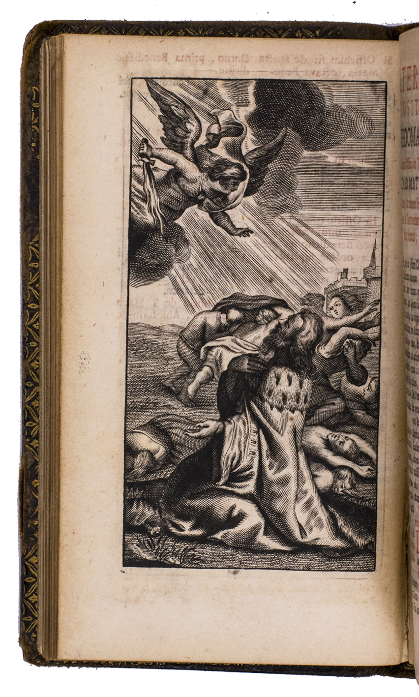 [BREVIARY]. - Breviarium Romanum ex decreto sacrosancti concilii Tridentini restitutum, Pii V. Pont. Max. jussu editum, et Clementis VIII. primm, nunc denu Urbani PP. VIII. auctoritate recognitum. In quo omnia suis locis ad longum posita sunt, pro majori recitantium commoditate.Antwerp, Typographia Plantiniana [Balthasar Moretus IV], 1714. 4 volumes. 12mo (14 x 9 cm). With engraved vignette with the Papal insignia on title-pages and 17 engraved plates. Text printed in red and black throughout. Contemporary gold-tooled calf, gilt edges.