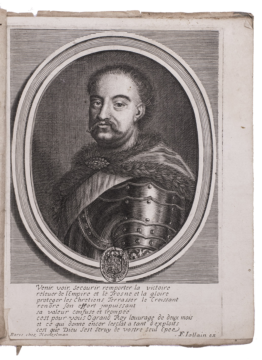[THE GREAT TURKISH WAR]. - Traduction d'un exemplaire en langue Turque contenant le detail & la description des processions des jeunes, & des penitences que le grand seigneur dit Mahomet Soliman, Empereur Turk du soleil levant, & du couchant, souverain seigneur des seigneurs, & veritable successeur de la race du grand prophete Mahomet, a command de faire en tout son empire.Bordeaux, Pierre Abegou, 1687. 4to. With an engraved frontispiece portrait of the Holy Roman Emperor Leopold I and (extra added) a portrait of the Polish King Jan III Sobieski, by F. Jollain, inserted as a second frontispiece. Marbled wrappers.