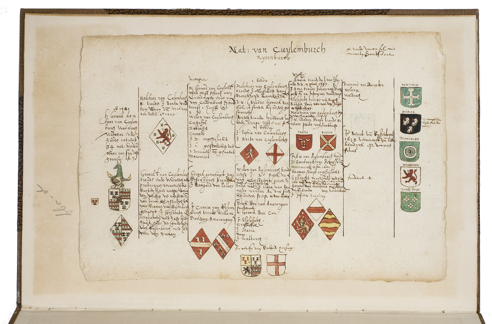 [MANUSCRIPT - GENEALOGY & HERALDRY - DUTCH]. - [Manuscript genealogies of the noble family Cuylenburgh ( vol. 1) and the noble family Beusichum & Cuylenburgh (vol. 2)]. [Utrecht, Culemborg or Beusichem?], ca. 1655-1675, after 1654]. 2 volumes. Large folio. Manuscript in Dutch, written in one hand in a neat, 17th-century hand cursive hand. With 65 coat of arms, almost all of them coloured by hand. Also with some spaces for coats of arms left blank. A loose leaf added to volume with 34 ink-drawn and contemporary hand-coloured small coats of arms with accompanying text written in a cursive 17th-century hand. 19th-century half brown cloth (vol. 1) and red buckram (vol. 2), brown decorated paper sides, titles in gold on the front boards.