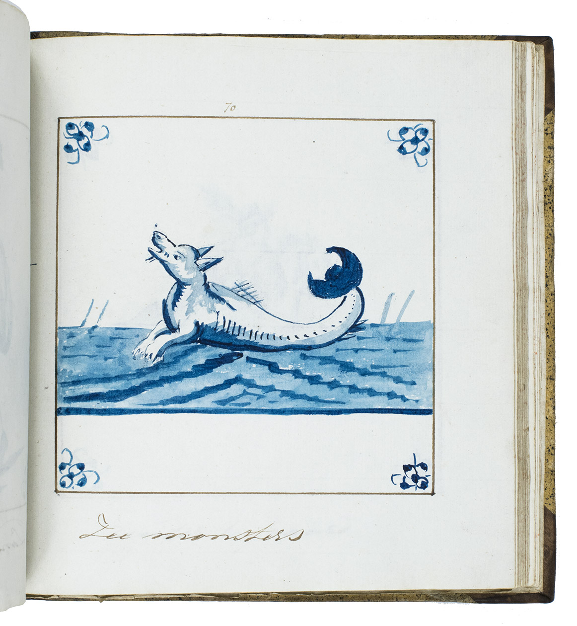 [TILES - MODEL BOOK]. - [Model book of Dutch tile designs].[Utrecht?, ca. 1810?]. Small square 4to (20 x 19 cm). With 111 pen and wash model drawings for Dutch tiles on the rectos of 105 leaves, most in greys but many in brown or a beautiful Delft blue. Several combine more than one colour, all in the actual size of tiles. Contemporary half calf, gold-tooled spine.