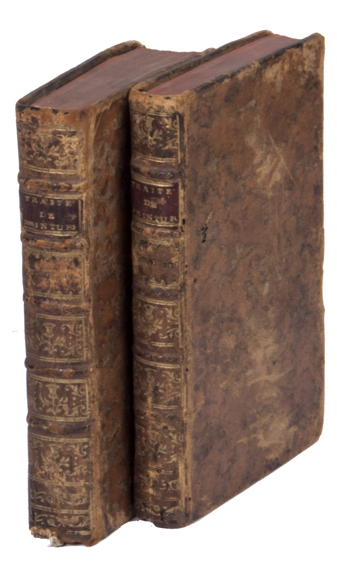 DANDR-BARDON, Michel Franois. - Trait de peinture, suivi d'un essai sur la sculpture. Pour servir d'introduction  une histoire universelle, relative  ces beaux-arts.Paris, Desaint, 1765. 2 volumes. 12mo. With woodcut head- and tailpieces. Contemporary gold-tooled mottled brown calf, with a red morocco title label lettered in gold on the spine, red edges, marbled endpapers.
