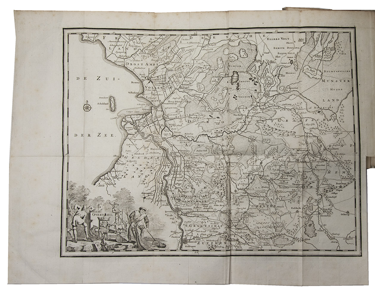 DUMBAR Jr., Gerhard. - Hedendaagsche historie of tegenwoordige staat, van alle volkeren; behelzende de beschryving der Vereenigde Nederlanden, en wel in 't byzonder van Overyssel.Amsterdam, P. Schouten, J. de Groot, G. Warnars; Leiden, S. & J. Luchtmans; Dordrecht, A. & P. Blussé; Harlingen, V. van der Plaats, 1781-1803. 4 volumes. 8vo. With an engraved allegorical frontispiece, a folding engraved map, and 9 folding engraved views of Deventer, Zwolle, Kampen, Zwartsluis and Hasselt. Uniform white half parchment (ca. 1900/14?), sewn on 4 recessed cords, with hollow backs, nonpareil-marbled sides, title and volume numbers neatly lettered across the spines in black ink.