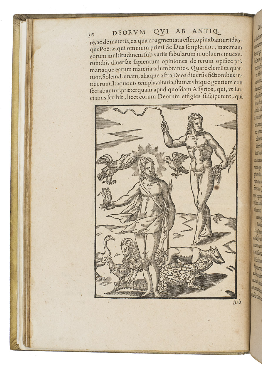 CARTARI, Vincenzo [& Antoine du VERDIER]. - Imagines deorum, qui ab antiquis colebantur: in quibus simulacra, ritus, caerimoniae, magnaque, ex parte veterum religio explicatur: olim a Vincentio Chartario Rhegiensi ex variis auctoribus in unum collectae, atque in Italica lingua expositae: nunc vero ad communem omnium utilitatem Latino sermone ab Ant. Verderio  domino Vallisprivatae, &c. expressae, atque in meliorem ordinem digestae. Quibus acc. duo indices: prior, imaginum: posterior, rerum atque verborum, quae toto libro continentur.Lyons, Etienne Michel (colophon: printed by Guichard Julliron), 1581 (colophon: August). 4to. With Michel's woodcut publishers device on the title-page (an Ottoman man and a fruit tree with motto virtutes sibi invicem adhaerent), a full-page woodcut portrait of Antoine du Verdier, a small woodcut illustration and 89 beautiful large woodcuts (13 x 9.5 cm) of classical mythological gods and heroes in the text. Modern sheepskin parchmen.