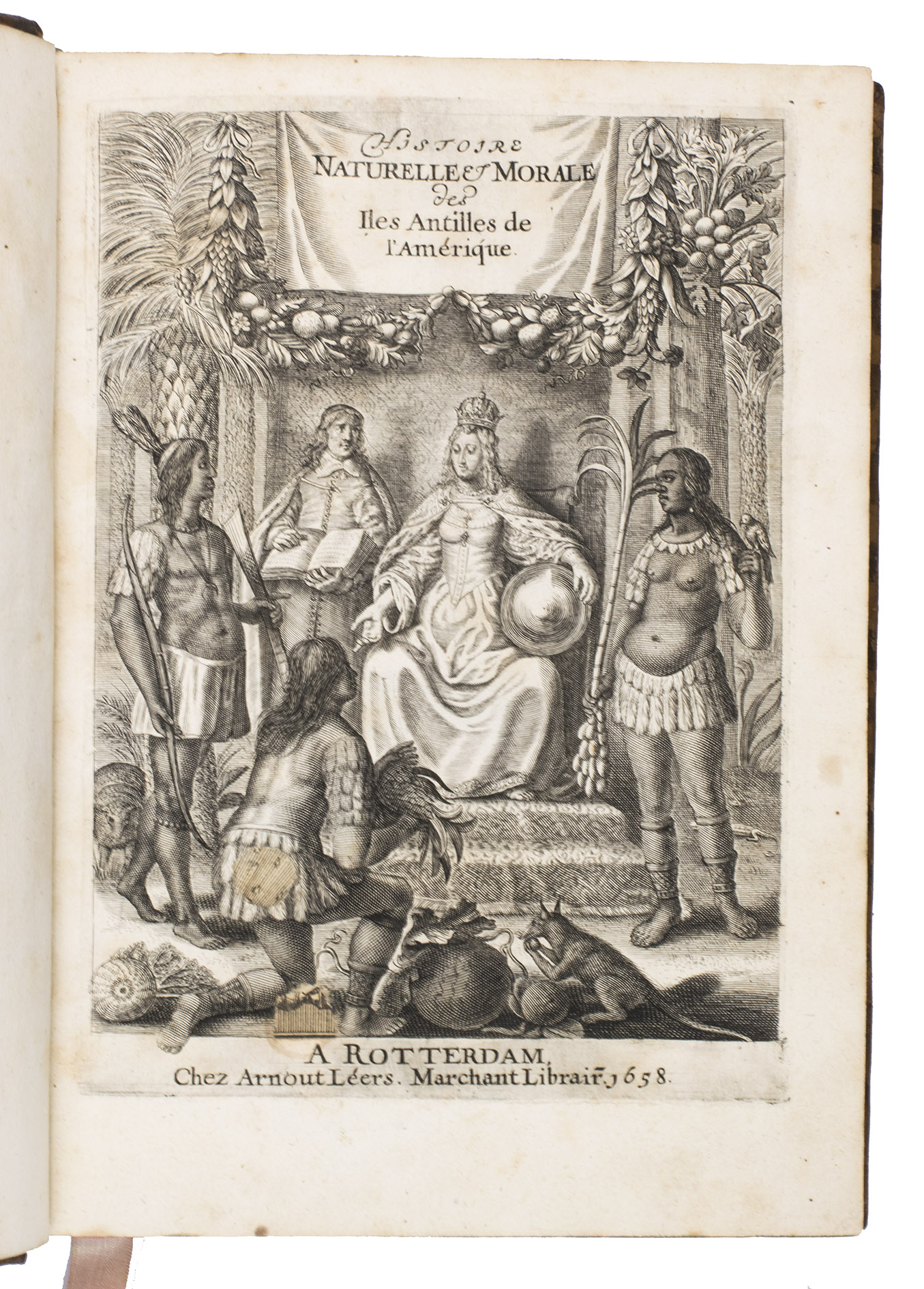 [ROCHEFORT, Charles de]. - Histoire naturelle et morale des Iles Antilles de l'Amrique ...Rotterdam, Arnout Leers, 1658. 2 parts in 1 volume. 4to. With an engraved title-page, a woodcut printer's device on the typographical title-page, a full-page portrait of Amproux, 43 engraved plates in the text of all kinds of plants, trees, animals and costumes from the Antilles. Further with a divisional title-page for the second part, and woodcut decorated initials, head- and tailpieces throughout. Contemporary gold-tooled marbled calf, with a red morocco title-label lettered in gold, gold-tooled board edges, marbled edges, marbled endpapers, and a bright pink reading ribbon.