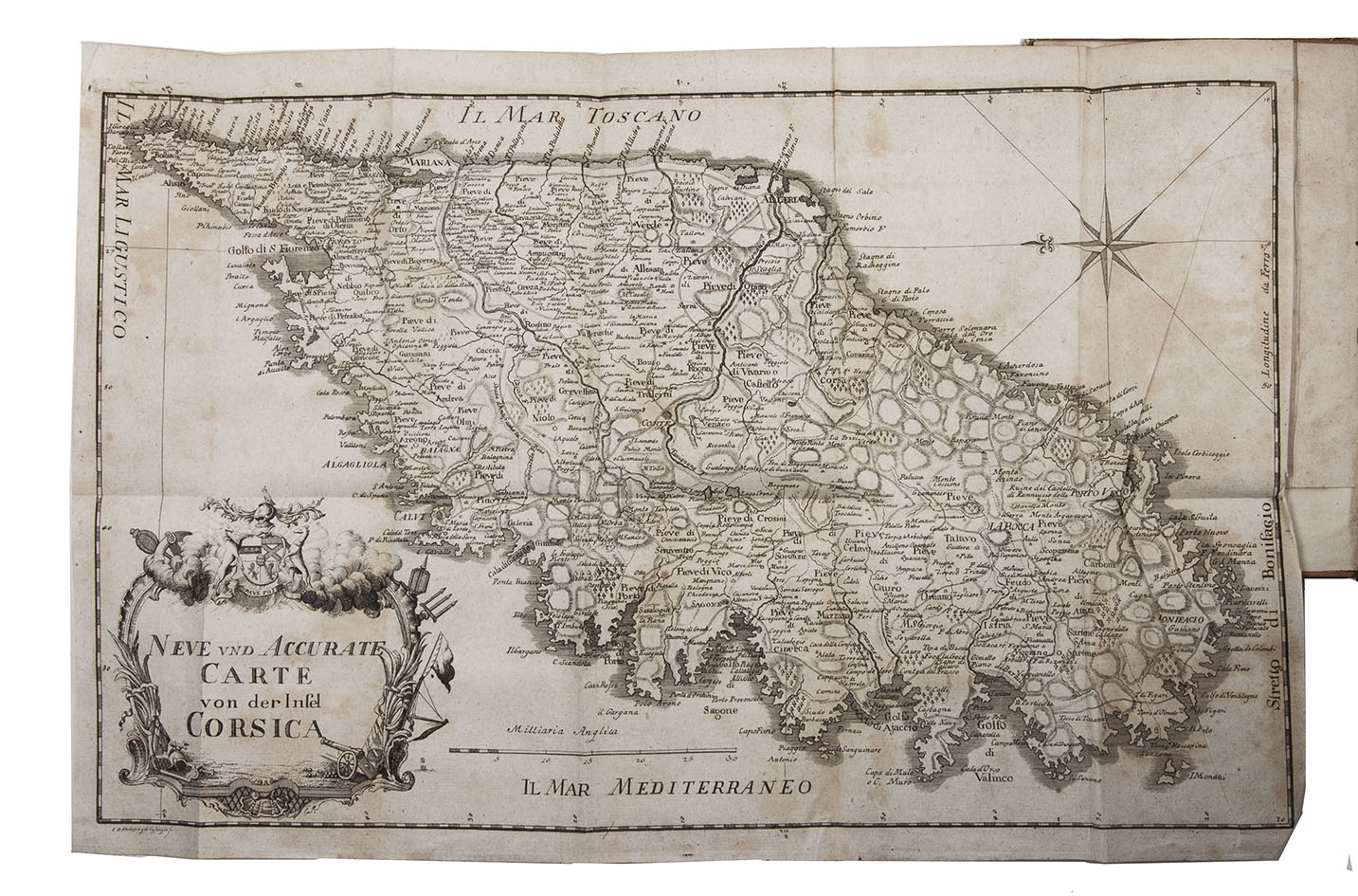 BOSWELL, James. - Beschreibung von Corsica nebst vielen wichtigen Nachrichten und Anecdoten vom Pascal Paoli dem General der Corsen.Leipzig, Caspar Fritsch, 1768. 2 parts in 1 volume. 8vo. With an engraved folding map of Corsica (29 x 44 cm). Contemporary paper-covered boards, spine with red title label lettered in gold, red edges.