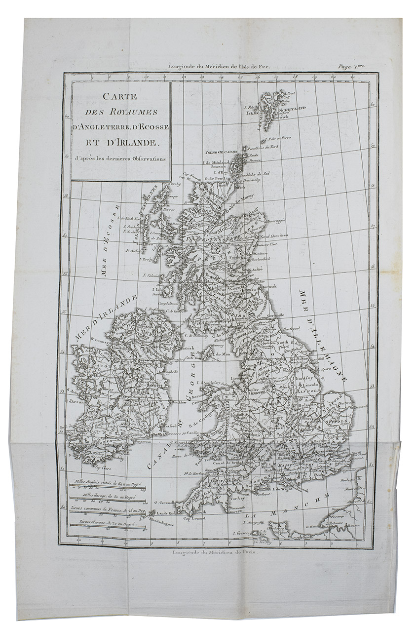 FORSTER, Georg. - Voyage philosophique et pittoresque, sur les rives du Rhin, a Lige, dans la Flandre, le Brabant, la Hollande, l'Angleterre, la France, etc. fait en 1790, ... Paris, F. Buisson and Charles Pougens, l'an VIII [= 1800]. 3 volumes. 8vo. With a folding engraved map of Great Britain and 9 folding engraved views of famous English buildings. Contemporary mottled, tanned sheepskin (tree pattern), gold-tooled spines.