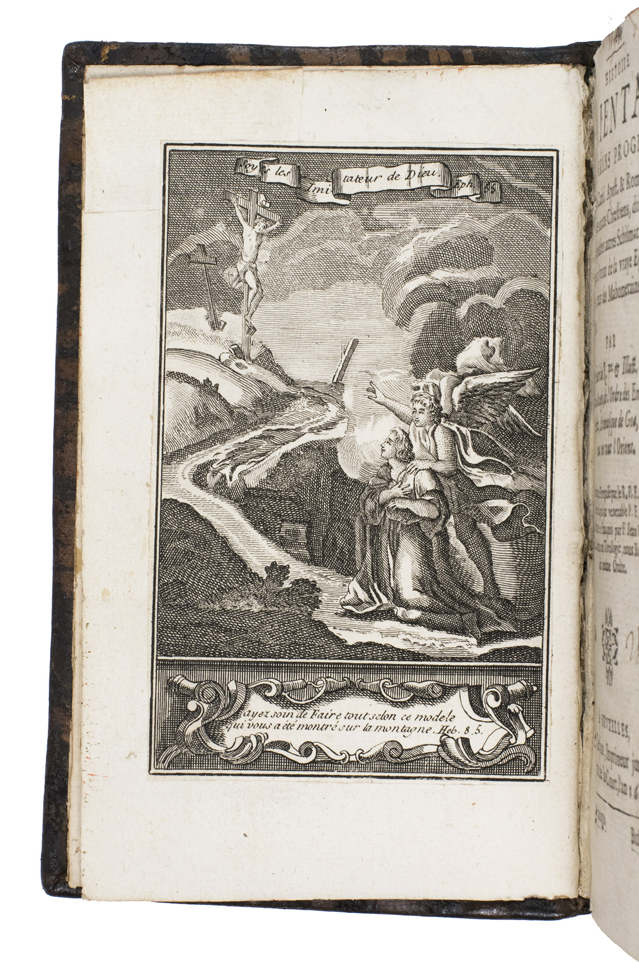 GOUVEA (or GOVEA), Antonio and Aleixo de MENEZES. - Histoire orientale des grans progres de l'eglise Cathol. Apost. & Rom. en la reduction des anciens Chrestiens ...Brussels, Rutger Velpius, 1609. With:(2) GLEN, Jean Baptise de and Aleixo de MENEZES. La messe des anciens Chrestiens, dicts de S. Thomas, en l' vesch d' Angamal s Indes Orientales ... Brussels, Rutger Velpius, 1609.2 works in 1 volume, the 2nd in 2 parts. 8vo. With a small woodcut vignette on both title-pages, some woodcut head- and tail-pieces, and woodcut decorated initials. Ad 1 with an engraved illustration depicting a Biblical scene mounted as a frontispiece on the verso of the second free flyleaf. Contemporary brown calf, sewn on 4 supports with corresponding raised bands on the spine, gold-tooled spine with the title lettered in gold in the second compartment, red sprinkled edges.