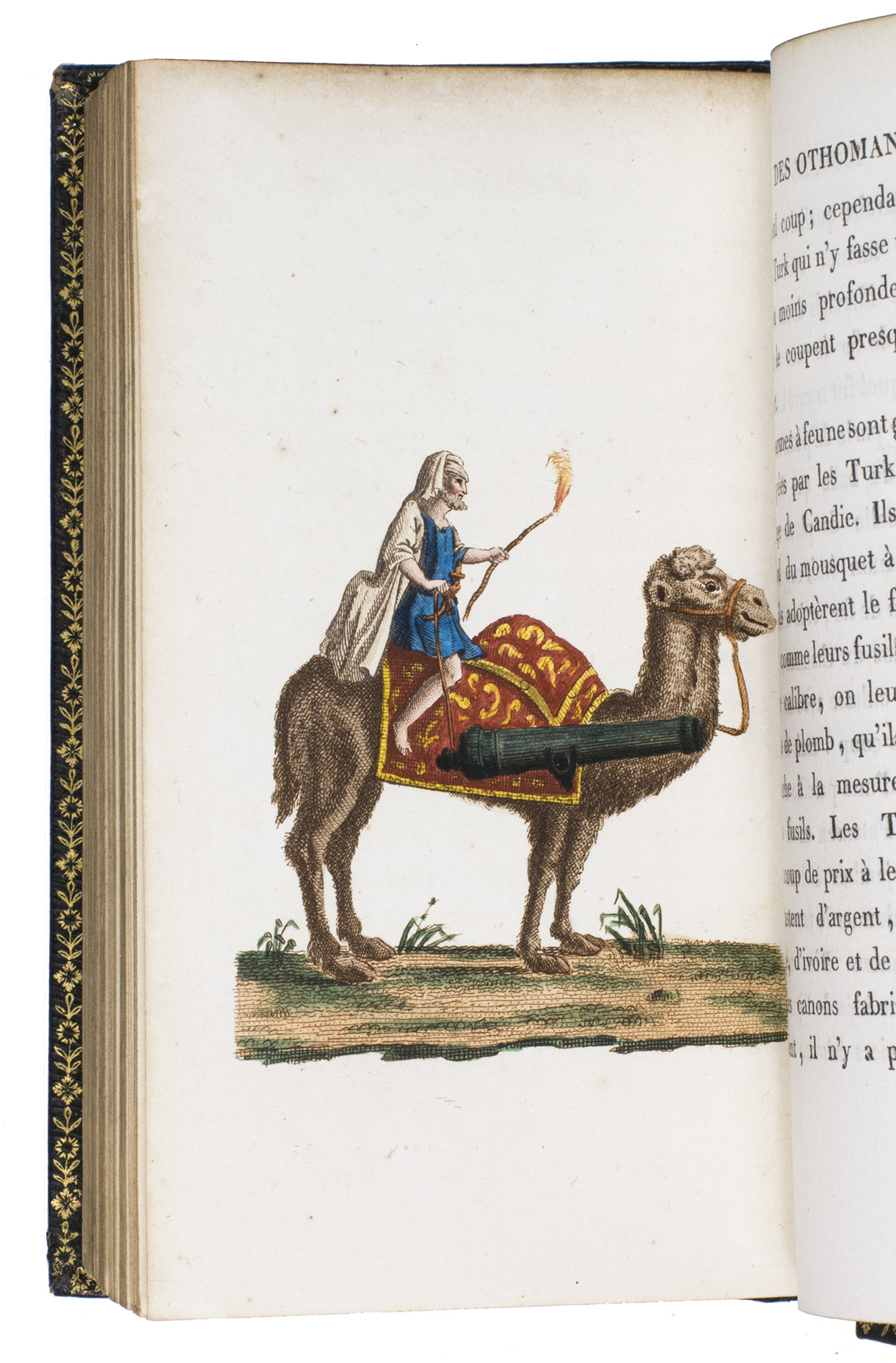 CASTELLAN, Antoine Laurent. - Moeurs, usages, costumes des Othomans, et abrégé de leur histoire. Avec des éclaircissemens tirés d'ouvrages orientaux, et communiqués par M. Langlès.Paris, Nepveu, 1812. 6 volumes. 18mo (14 x 9 cm). With 75 hand-coloured engraved plates: a frontispiece in each volume and 17, 17, 9, and 26 plates in volumes 3, 4, 5, and 6 respectively. Most plates depict costumes, but also tools and instruments are shown. All plates are very detailed and beautifully coloured by hand, in very fresh contemporary colouring, some even finished with gold. Contemporary gold- and blined-toole purpleish-black morocco.