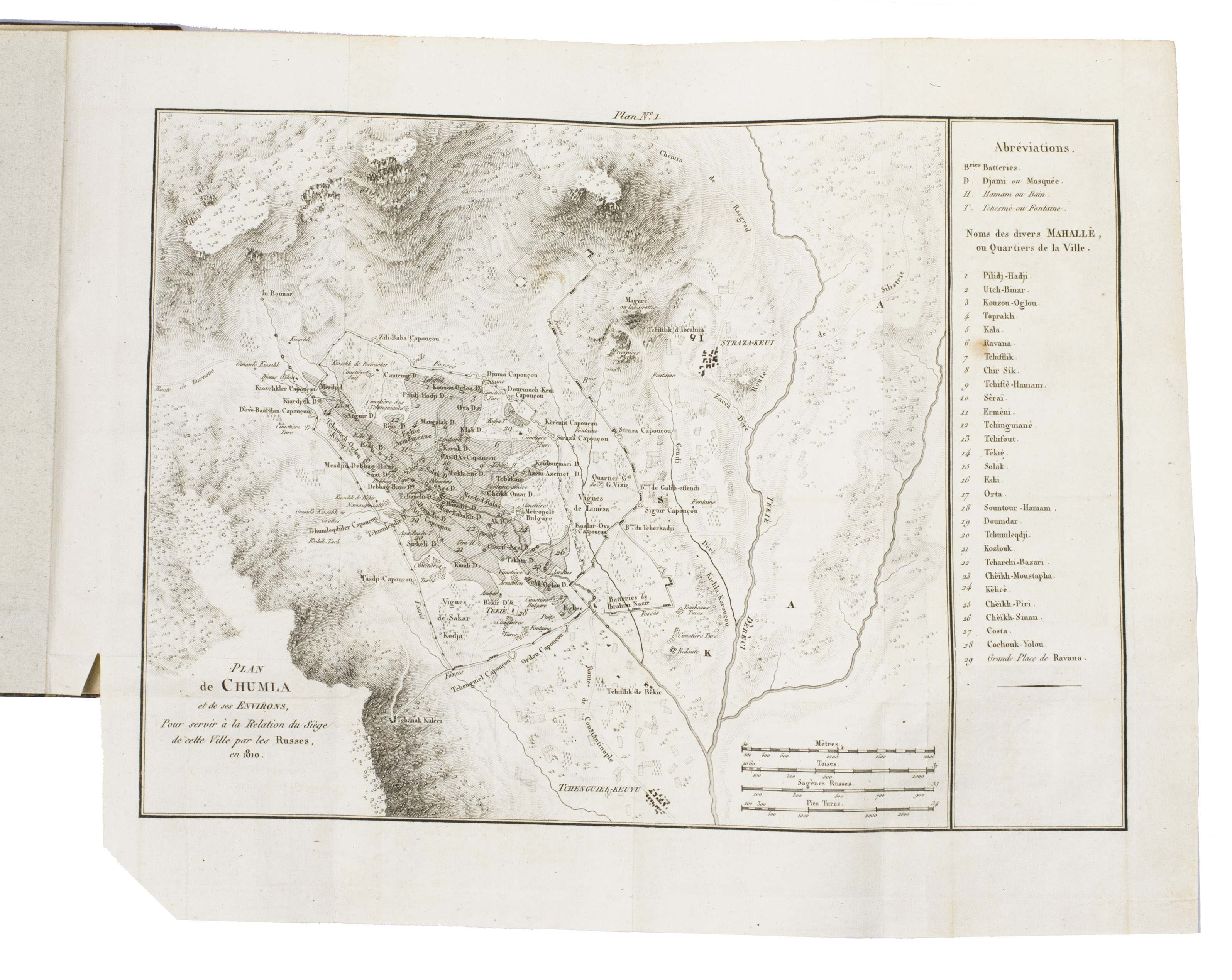 VALENTINI, Georg Wilhelm von. - Prcis des dernires guerres des Russes contre les Turcs...Paris, Firmin Didot, Anseling & Pochard, Ponthieu, 1825. 8vo. With 5 irregularly numbered maps with battle and siege plans on 4 folding engraved plates and several diagrams in the text showing troop formations. Contemporary tan half calf, the spine alternating areas of blind-tooled tan and gold-tooled dark brown, one including the title, marbled sides, light gray endpapers, turquoise sprinkled edges.