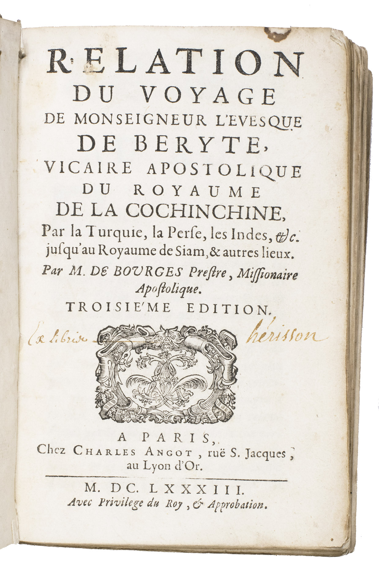 BOURGES, Jacques de. - Relation du voyage de Monseigneur l'evesque de Beryte, vicaire apostolique du royaume de la Cochinchine, par la Turquie, la Perse, les Indes, &c. jusqu'au royaume de Siam, & autres lieux.Paris, Charles Angot, 1683. 8vo.With:(2) PALLU, Franois. Relation abrege des missions et des voyages des evesques Franois envoyez aux royaumes de la Chine, Cochinchine, Tonquin, & Siam.Paris, Charles Angot, 1682. (3) [FERMANEL DE FAVERY, Luc (editor)]. Relation des missions des evesques Franois aux royaumes de Siam, de la Cochinchine, de Camboye, & du Tonquin, &c. Divise en quatre parties.Paris, Charles Angot, 1684. (4) Relation des missions et des voyages des evesques vicaires apostoliques, et de leurs ecclesiastiques s annes 1672, 1673, 1674 & 1675.Paris, Charles Angot, 1682. (5) Relation des missions et des voyages des evesques vicaires apostoliques, et de leurs ecclesiastiques s annes 1676 & 1677. Paris, Charles Angot, 1682. 5 works in 1 volume. 8vo. Contemporary limp sheepskin parchment.