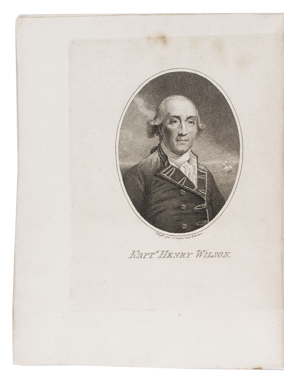 KEATE, George. - Beschryving van de Pelew Eilanden ...Rotterdam, Gerard Abraham Arrenberg, 1789. 4to. With 8 plates: 4 mixed technique (partly stipple-engraved) portraits, 1 large folding engraved map of the Palau Islands and western equatorial Pacific, and 3 folding engraved views. Contemporary boards.