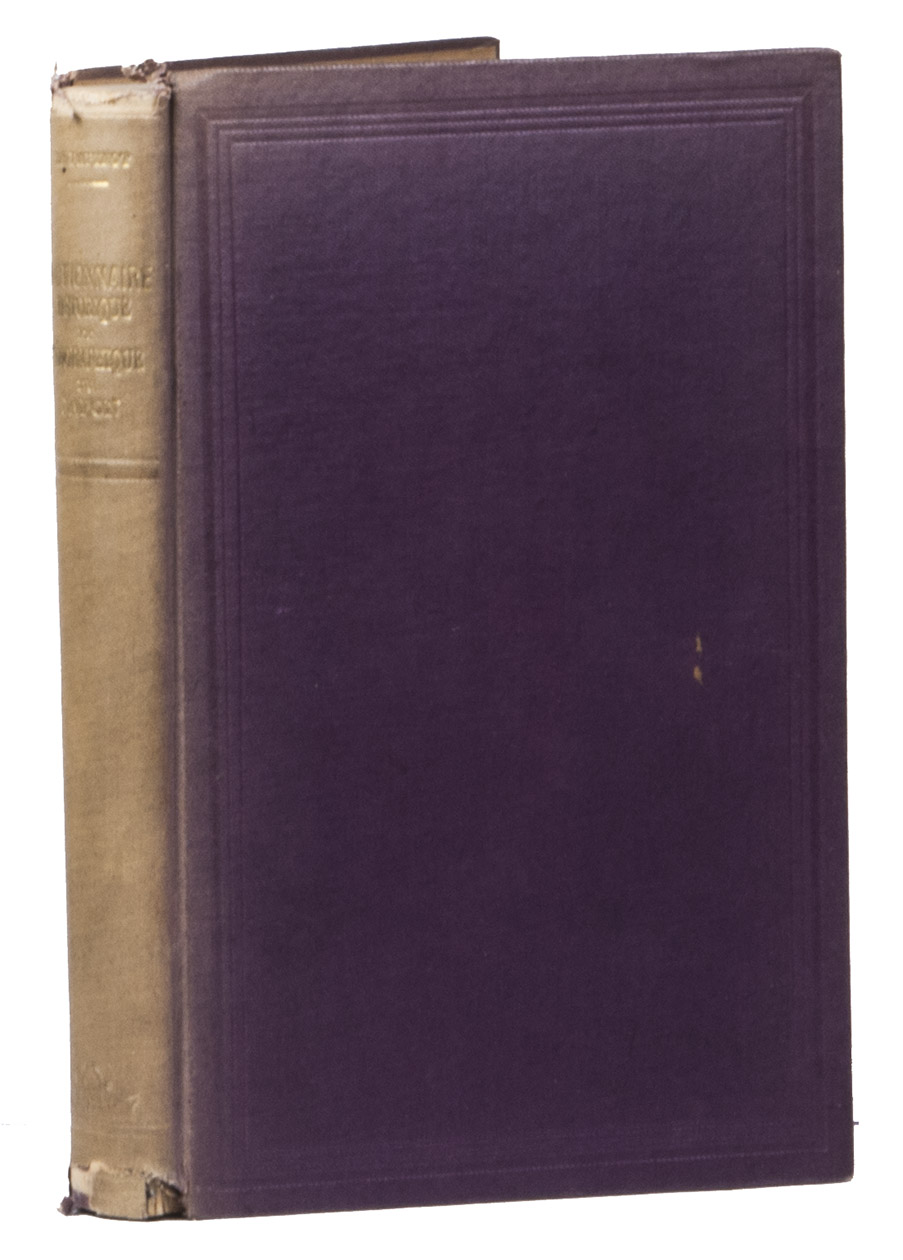 PAPINOT, Edmond. - Dictionnaire Japonais-Franais des noms principaux de l'histoire et de la gographie du Japon. Suivi de 17 appendices sur les empereurs, shogun, nengo, sectes bouddhistes, provinces, dpartements, mesures, etc.Hongkong, Imprimerie de Nazareth, 1899. 8vo. With an engraved printer's device on title-page, engraved tailpieces and Japanese characters. Contemporary blind-tooled glazed purple calico over boards, title in gold on spine.