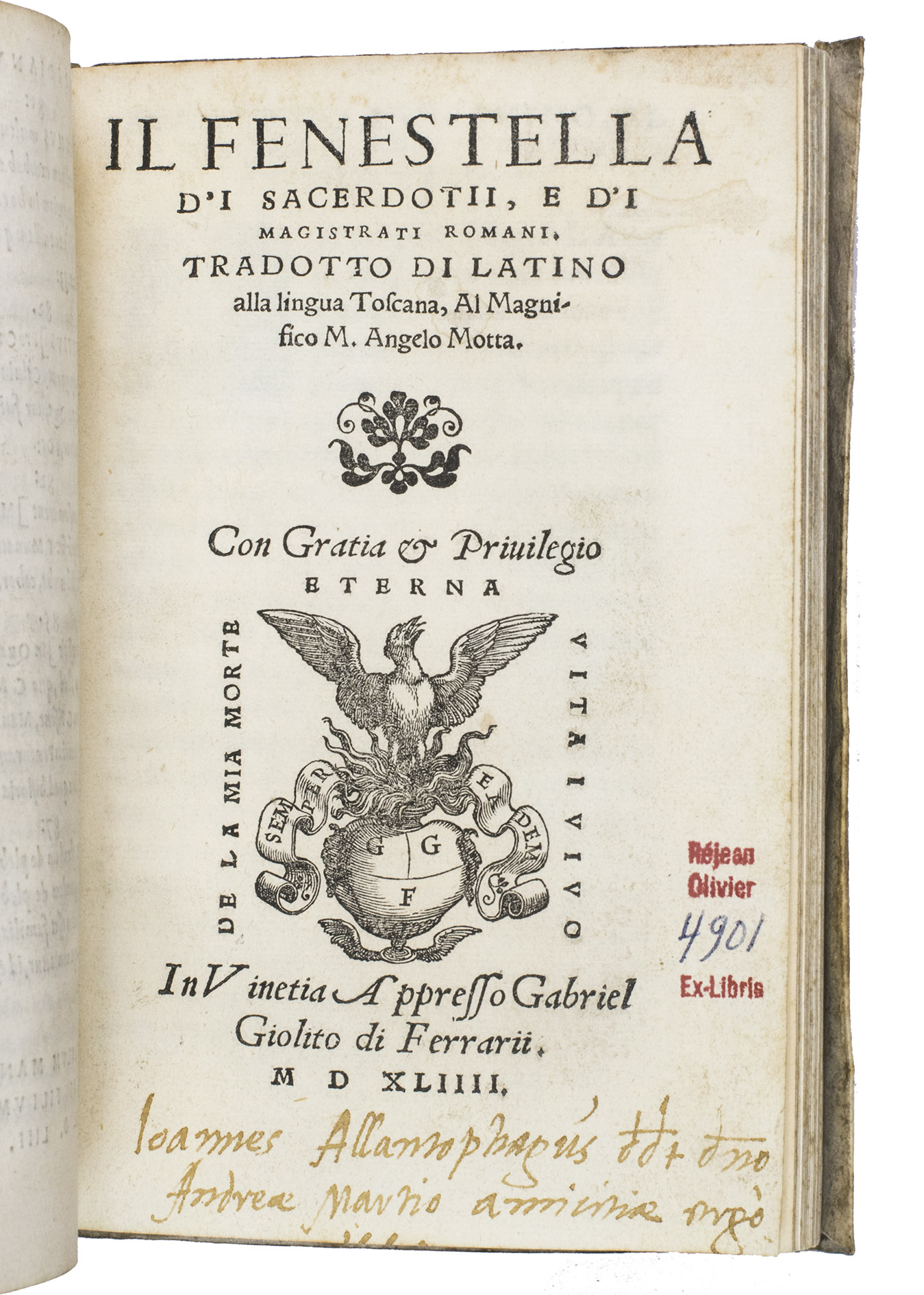 FENESTELLA, Lucius (pseudonym of Andrea Domenico FIOCCO). - Il Fenestella d'i sacerdotii, e d'i magistrati romani.Venice, apresso Gabriel Giolito de Ferrari, 1544. 2 works in 1 volume. 8vo. With 42 woodcut decorated initials of professions, sports and past times in ad 1, and a woodcut printer's device on the title page of each work.  With (bound before ad 1): ASCONIUS PEDIANUS, Quintus. Expositio in IIII. orationes M. Tullii Ciceronis contra C. Verrem. Venice, apud Paulus Manutius, 1553. Contemporary limp vellum with overlapping for edges.