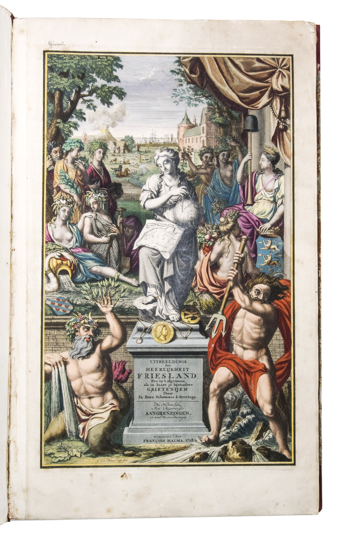 SCHOTANUS VAN STERRINGA, Bernhard. - Uitbeelding der heerlijkheit Friesland; zoo in 't algemeen, als in haare XXX bijzondere grietenijen; ... Nu nieuwelijks met bijgevoegde aangrenzingen, en veel vermeerderingen: nevens d'afteekening van Oud Friesland,...[Leeuwarden], Franois Halma, 1718. Imperial folio (54.5 x 33 cm). With an engraved allegorical title-page; 3 full-page engraved heraldic plates; and 37 double-page and 2 larger folding engraved maps. Beautiful cartouches and landscapes on all maps, mostly by Jan and Caspar Luyken, all beautifully coloured by a contemporary hand. Contemporary red half roan, later cloth corners and reinforcing.