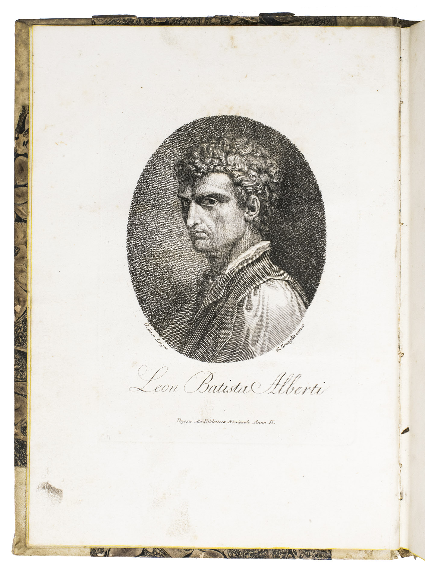 ALBERTI, Leon Battista. - Della pittura e della statua.Milan, Societa Tipografica de' Classici Italiani (monogram of Giusti, Feriario & Co), 1804. 4to. With an engraved portrait of the author and 6 engraved plates (including 4 folding). Early 19th-century half sheepskin parchment, Stormont on shell marbled sides, title lettered in ink on the spine, yellow edges.