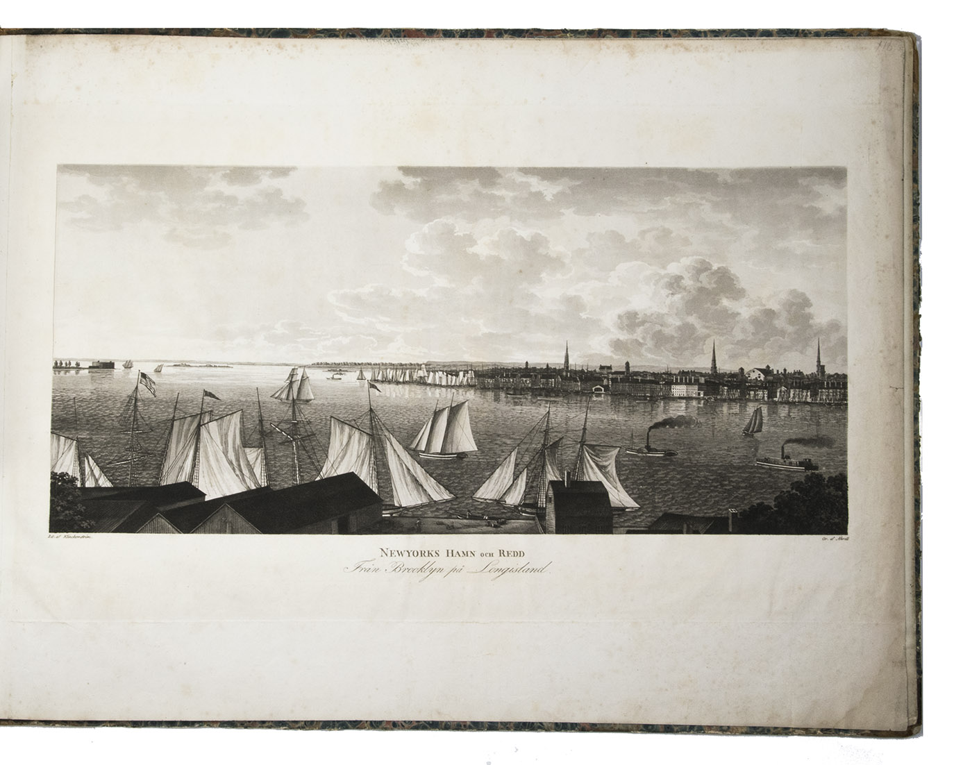 KLINKOWSTRM, Axel. - Bref om de Frenta Staterna, frfattade under en resa till Amerika, ren 1818, 1819, 1820. ... Frra[-Senare] delen.Stockholm, Ecksteinska Tryckeriet, 1824. 3 volumes, the 2 text volumes bound as 1. 8vo (text) & 1mo (atlas, 42 x 56 cm). Each text volume with the same engraved title-page, and in volume 1 a folding letterpress table. The atlas volume has a lithographed title-page with a view of the White House, 2 large engraved maps of the northern part and the southern part of the United States by John Melish, dated 1816, and 14 maps, plans and views of New York, Philadelphia and Washington, including 8 fine engraved aquatints by Akrell. Bound in the atlas volume are 2 letterpress 4to leaves, one with the numbered list of 19 plates: the 2 engraved title-pages for the text volumes (1-2), lithographed title-page for the atlas (3) and 16 plates for the atlas (4-19: seven are 1mo - full or nearly full sheets - and nine smaller).  With: (2) [KLINKOWSTRM, Axel]. Atlas til Friherre Klinckowstrms Bref om de Frente Staterne. [Stockholm, Ecksteinska Tryckeriet, 1824]. Contemporary half sprinkled calf with the volume numbers 1 & 2 in half tanned sheepskin.