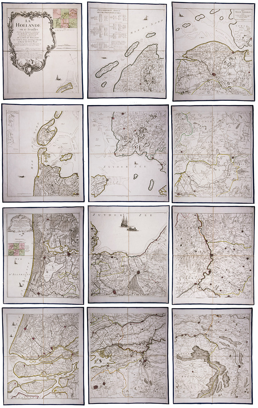 [MAPS - NETHERLANDS]. [LE ROUGE, George-Louis]. - La Hollande en 12 feuilles dont les six premieres contiennent la Hollande ...Paris, Jean A. Dezauche, successor of Delisle & Buache, 1790. Together ca. 230 x 155 cm. Engraved map, hand-coloured in outline. Printed on 12 sheets, each divided into 4 segments, numbered 1-48. The 12 sheets are mounted on contemporary linen and folded, the edges reinforced with blue ribbon.With: (2) LE ROUGE, George Louis. Topographie de la Zelande en 9 feuilles traduitte de l'Hollandois. [Second title:] Partie orientale de la Flandre Hollandoise, ...Paris, Jean A. Dezauche, 1790. Large engraved wall map, hand-coloured in outline, printed on 9 numbered sheets, each divided into 4 segments, numbered 1-36 (each sheet 48 x 56.5 cm); the 36 segments are mounted on contemporary linen, the edges reinforced with blue ribbon. Each map in contemporary box.