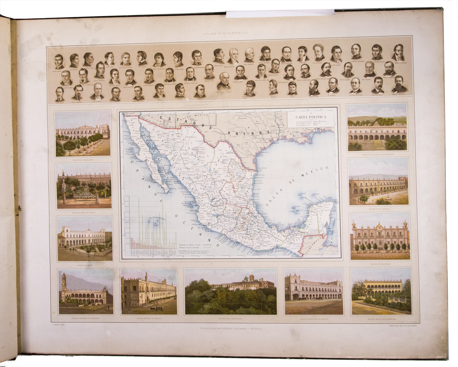 GARCIA CUBAS, Antonio. - Cuadro geogrfico, estadstico, descriptivo  histrico de los estados unidos Mexicanos. Obra que sirve de texto al Atlas pintoresco.Including: Atlas Pintoresco e Historico de los Estados Unidos Mexicanos.Mxico, Fomento & Debray, 1885. 2 volumes. 8vo and oblong large folio (64.5 x 82 cm). With 2 folding tables and 2 full-page plates in the text volume and in the atlas 13 chromolithographed maps (52 x 69 cm), and a full-page chromolithographed map of Mexico at the end. Contemporary black cloth with gold lettering on front board (text); contemporary red half morocco, title and ornaments in gold on spine (atlas).