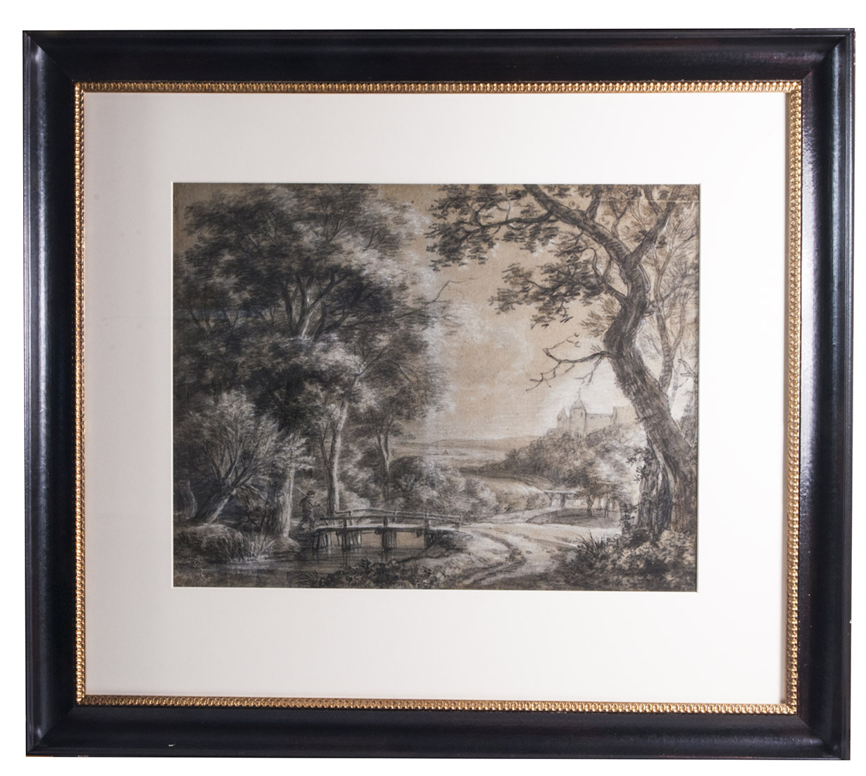 [VLIEGER, Simon de]. - [Hilly and wooded landscape with a bridge over a stream in the foreground].[The Netherlands?, ca. 1620/40]. 43 x 56 cm. Landscape drawing in black chalk(?) and white chalk on paper. Under glass in a black and gold wooden frame.
