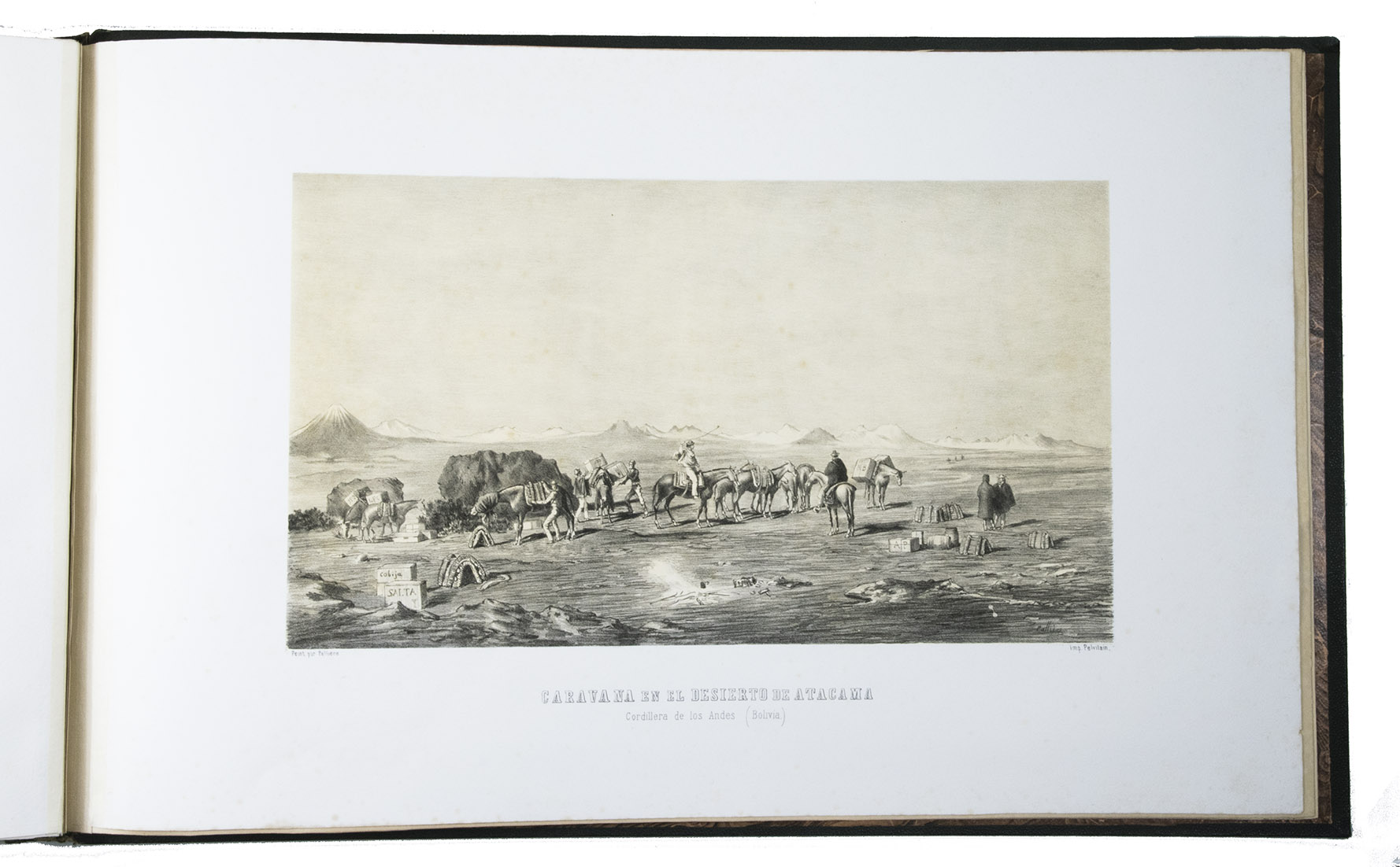 PALLIERE, Jean Lon. - Album Palliere. Escenas Americanas. Reduccion de cuadros, aquarelles y bosquejos. Buenos Aires, Fusoni brothers, [1864?]. Oblong Royal folio (32.5 x 52 cm). With lithographed title-page and 52 tinted lithographed plates (image size mostly about 19 x 32 cm), lithographed by J. Pelvilain after designs by Juan Lon Palliere. Contemporary, gold-tooled green morocco.