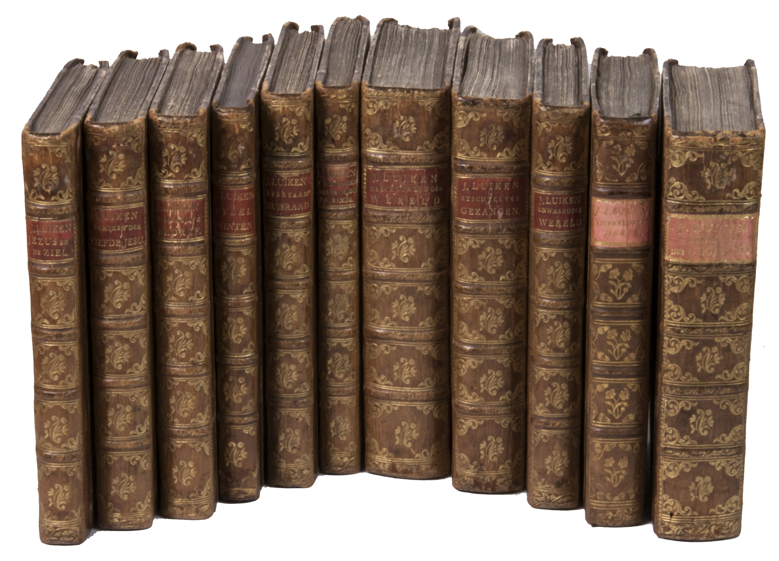 LUYKEN, Jan (and Caspar). - [Set of 11 works by Jan Luyken].Amsterdam, widow of P. Arentz, and Kornelis vander Sys, 1708 - 1718 (10 vols.); Haarlem, C.H. Bohn, 1767 (1 vol.). 11 volumes. 8vo. Contemporary uniform half calf, richly gold-tooled spines (10 vols.), the 1767 in slightly different half calf, apparently made to match the earlier ones.